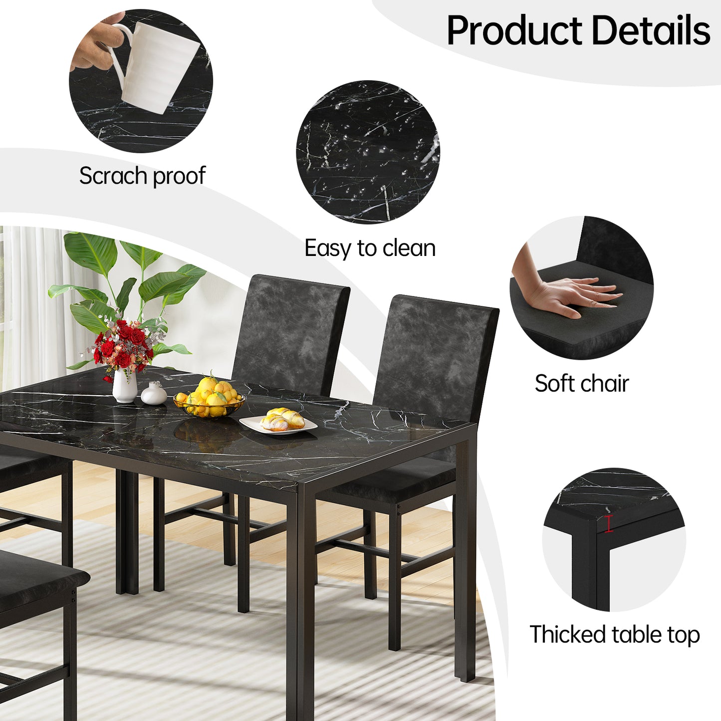 MIERES Products 5-Piece Marble Dining Set, Modern Kitchen Table and Chairs for Dining Room, Compact Space Saving Furniture, Dinette, 4 Upholstered Velvet Chairs