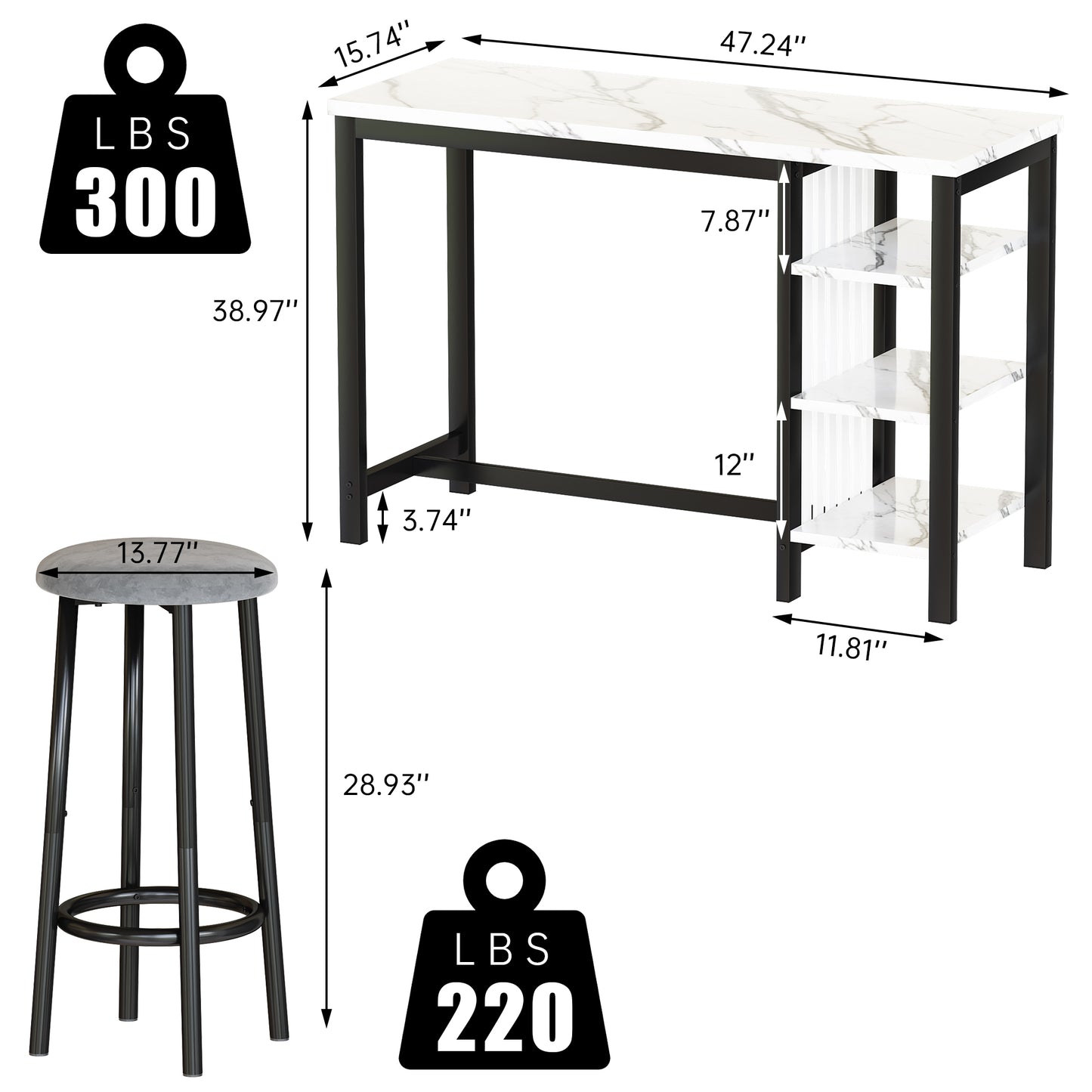 MIERES Bar Table Set with Storage Shelves, 47" Modern White Faux Marble Breakfast Table with 2 Velvet Stools, 3-Piece Dining Set for 2, Space Saving Table for Kitchen/Dining Room/Living Room/Studio