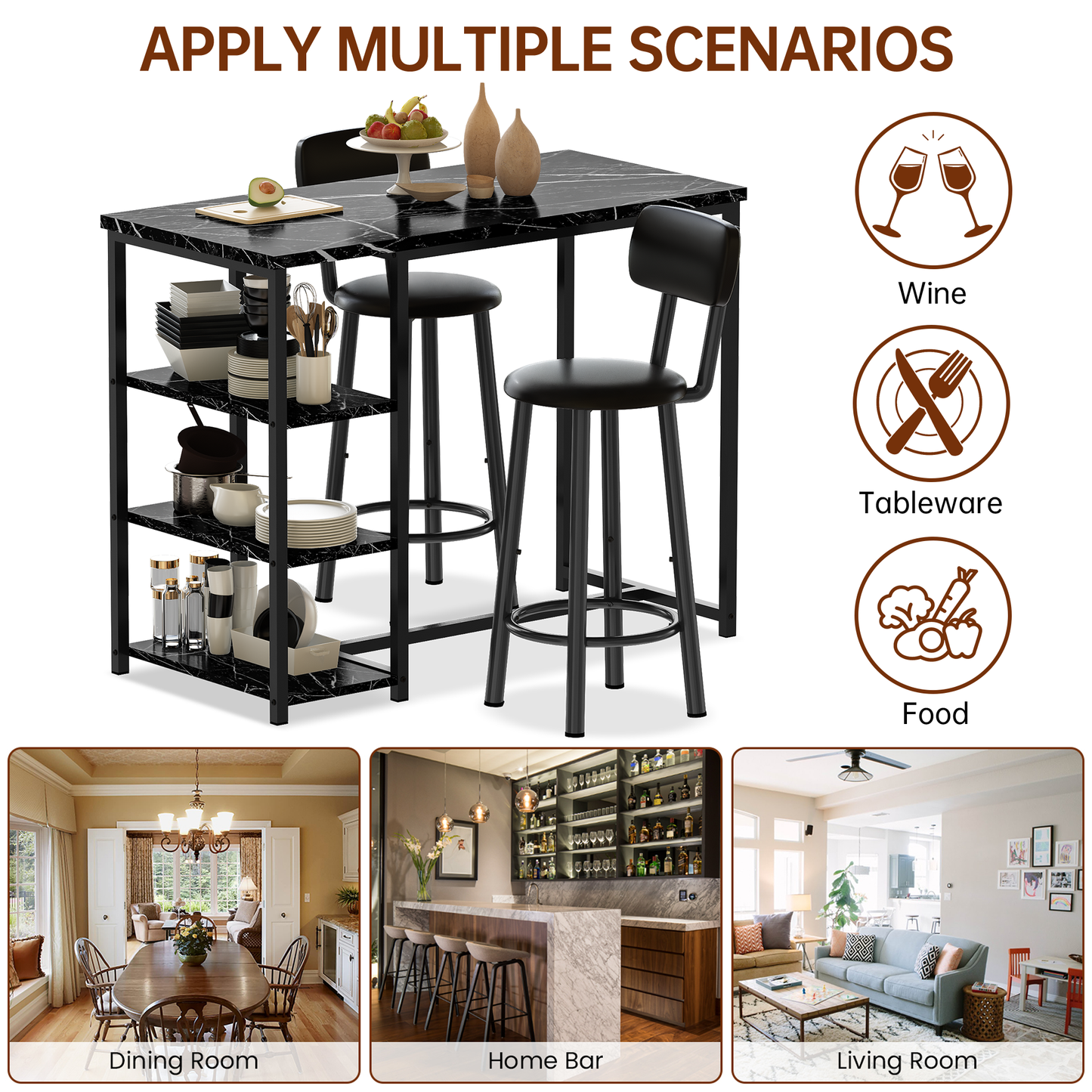 MIERES 2-Person Dining Set, 3-Piece Bar Table and Chair Set, Kitchen Counter-Height Dining Table Set, Compact Kitchen Dining Table with Storage, Small Space Breakfast Set
