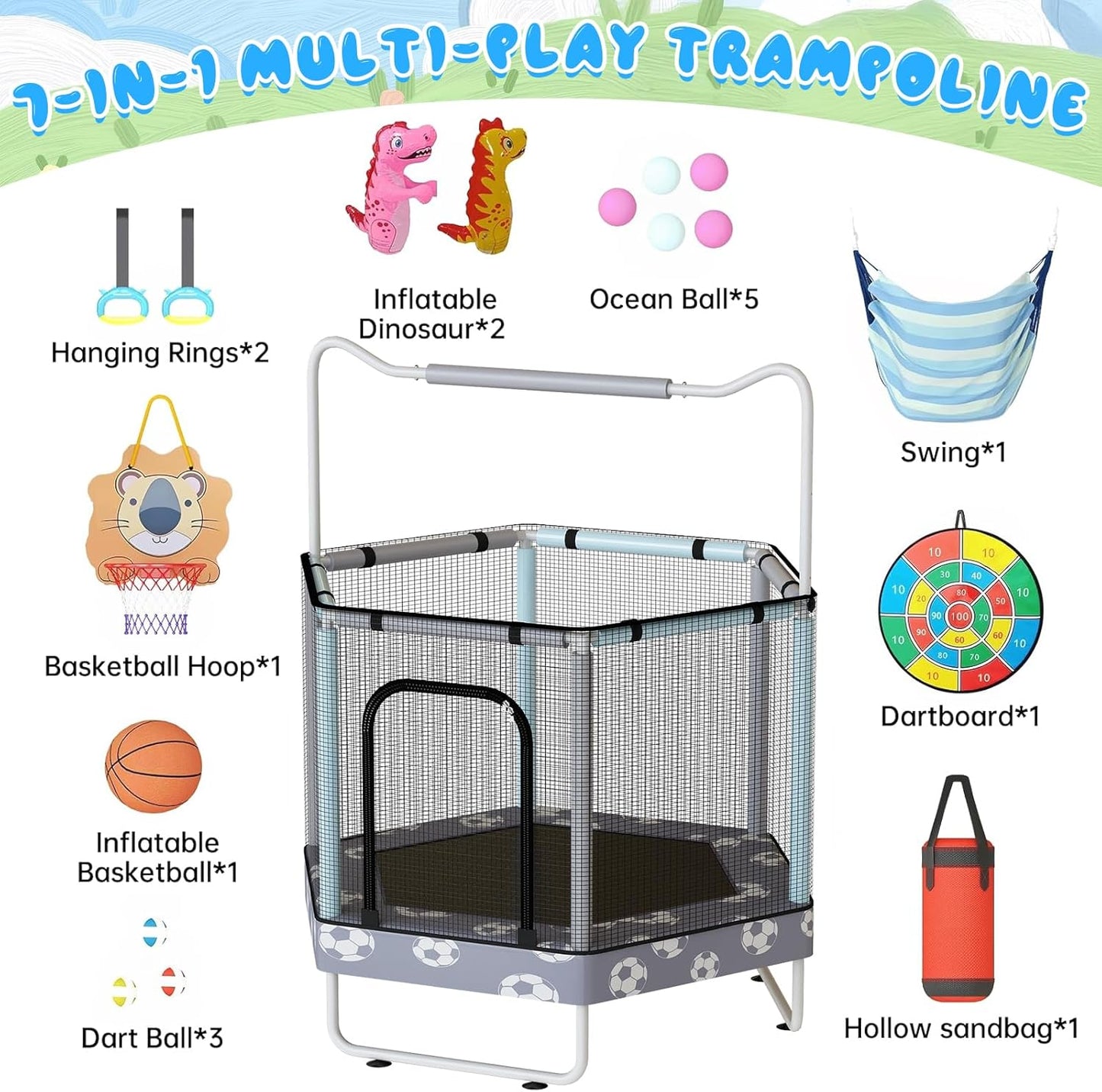 MIERES 55" 7-in-1 Round Trampoline for Kids Boys & Girls Ages 1-8, Indoor & Outdoor Trampoline for Fun, Adjustable Height Handrail ＆ Enclosed Safety Net ＆ Durable Designs for Toddlers Children