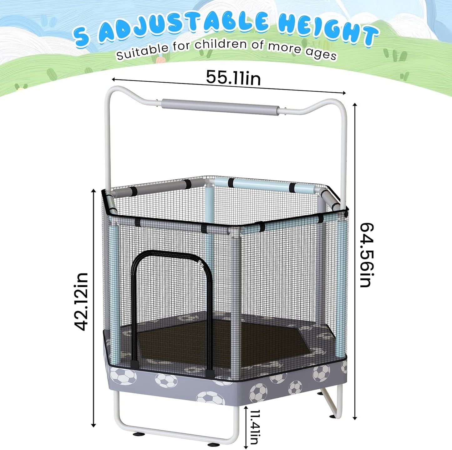 MIERES 55" 7-in-1 Round Trampoline for Kids Boys & Girls Ages 1-8, Indoor & Outdoor Trampoline for Fun, Adjustable Height Handrail ＆ Enclosed Safety Net ＆ Durable Designs for Toddlers Children