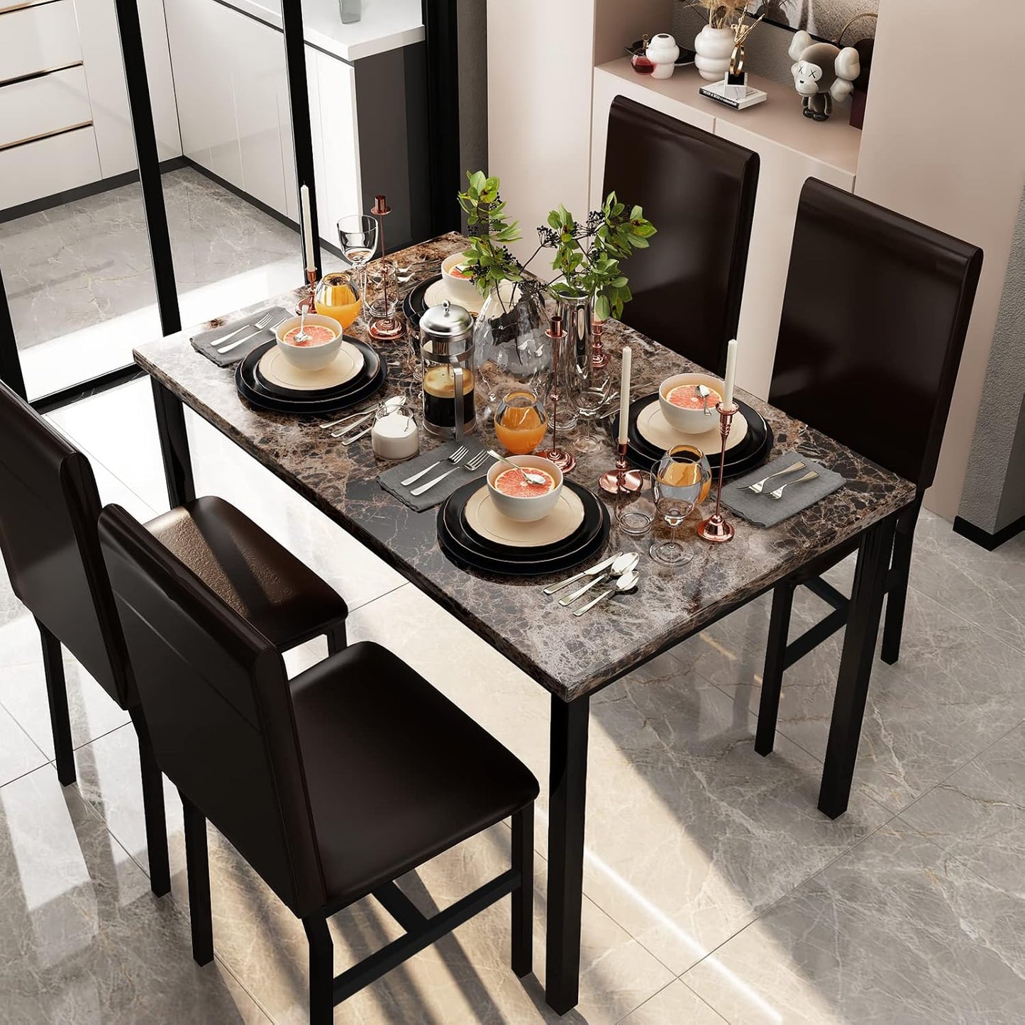 MIERES 5 Piece Dining Table Set for 4,Faux Marble Kitchen Table and Chairs for 4, Modern Dining Room Table with 4 Chairs,Dinner Table Set for Small Spaces, Brown
