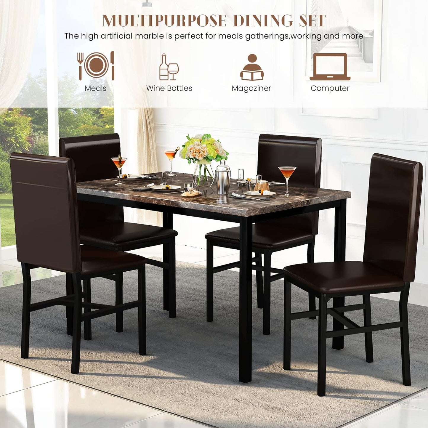MIERES 5 Piece Dining Table Set for 4,Faux Marble Kitchen Table and Chairs for 4, Modern Dining Room Table with 4 Chairs,Dinner Table Set for Small Spaces, Brown