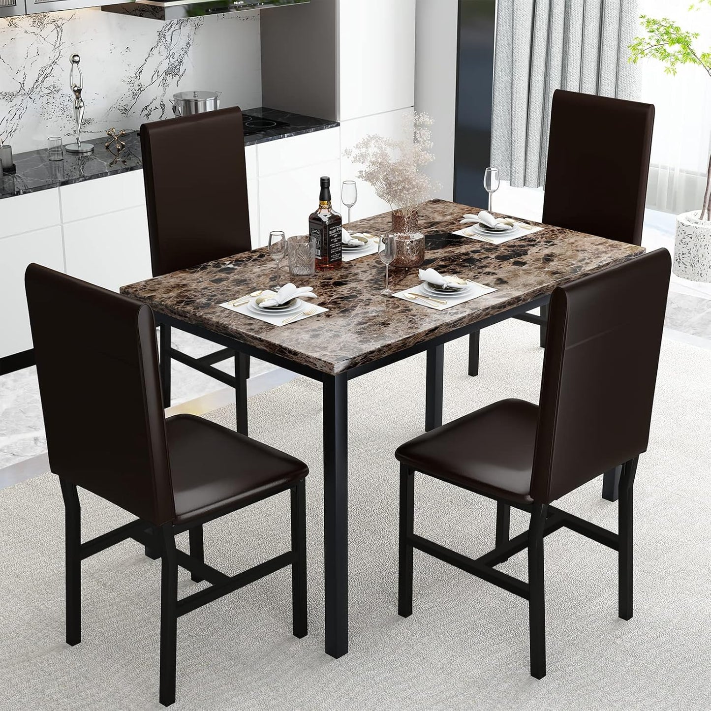 MIERES 5 Piece Dining Table Set for 4,Faux Marble Kitchen Table and Chairs for 4, Modern Dining Room Table with 4 Chairs,Dinner Table Set for Small Spaces, Brown