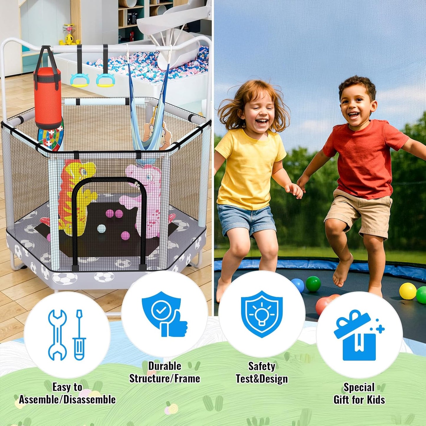 MIERES 55" 7-in-1 Round Trampoline for Kids Boys & Girls Ages 1-8, Indoor & Outdoor Trampoline for Fun, Adjustable Height Handrail ＆ Enclosed Safety Net ＆ Durable Designs for Toddlers Children