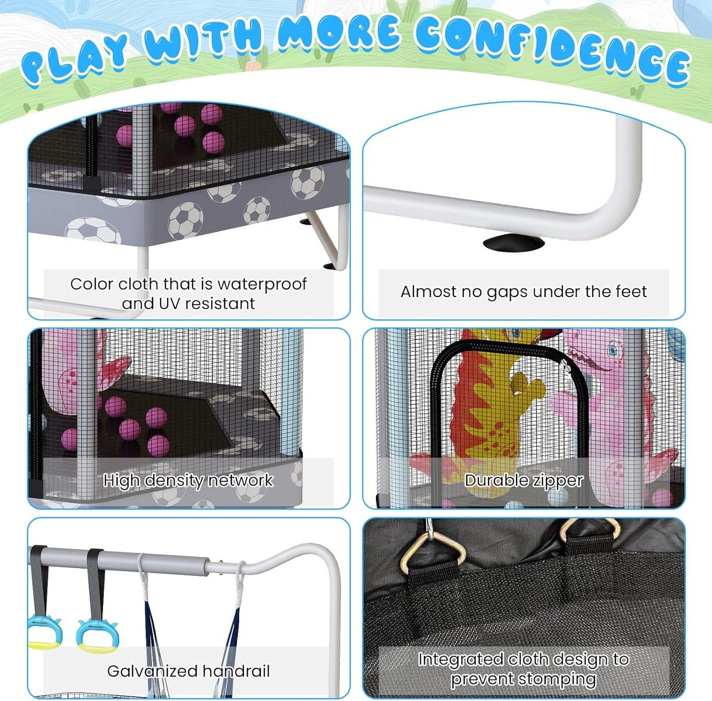 MIERES 55" 7-in-1 Round Trampoline for Kids Boys & Girls Ages 1-8, Indoor & Outdoor Trampoline for Fun, Adjustable Height Handrail ＆ Enclosed Safety Net ＆ Durable Designs for Toddlers Children