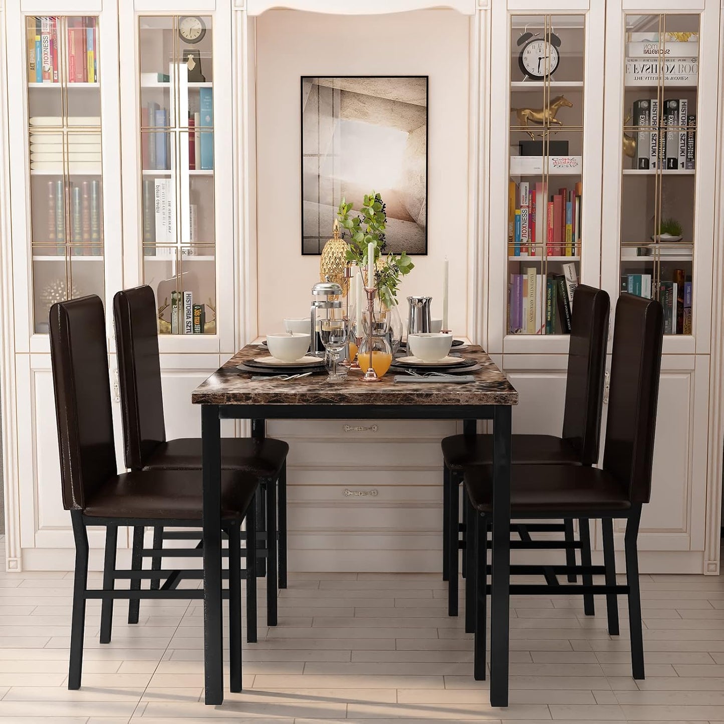 MIERES 5 Piece Dining Table Set for 4,Faux Marble Kitchen Table and Chairs for 4, Modern Dining Room Table with 4 Chairs,Dinner Table Set for Small Spaces, Brown