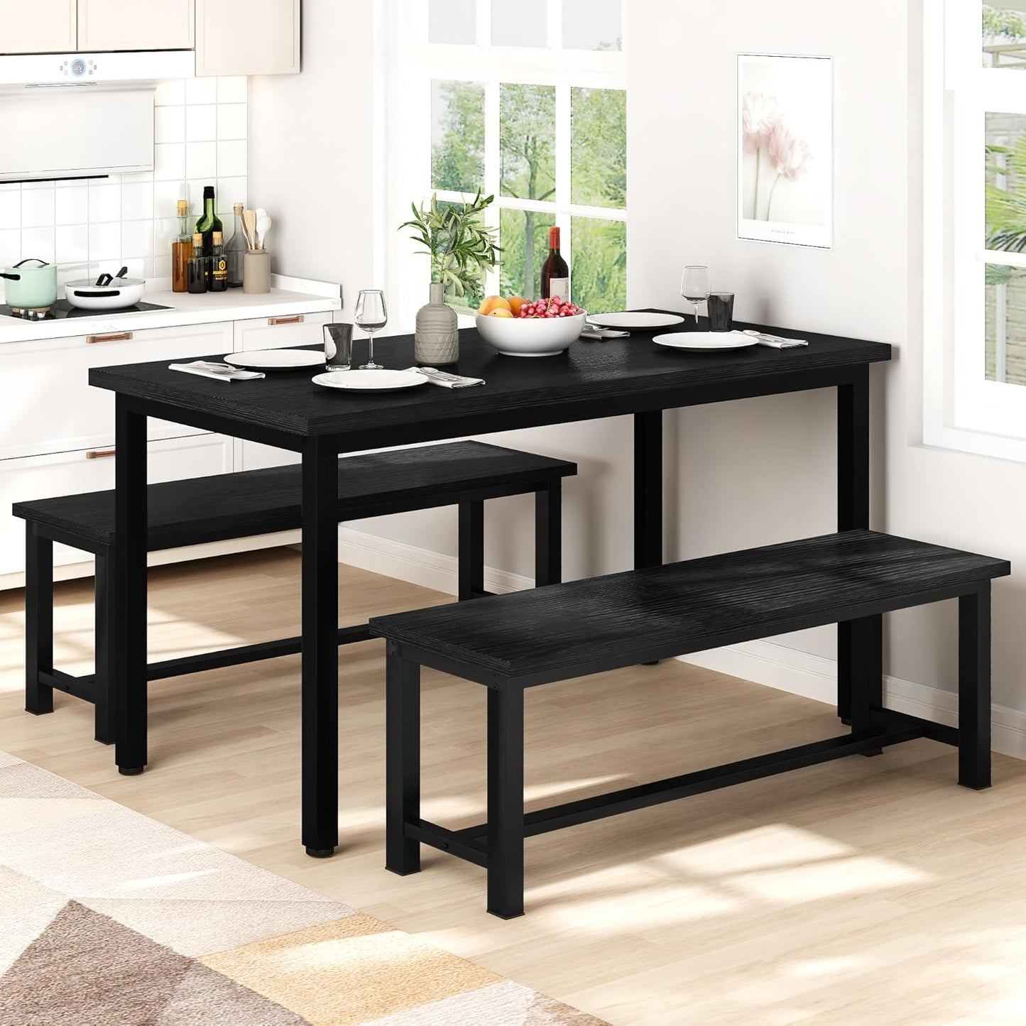 MIERES 2-Piece Dining Table Chair Bench Set, Thickened Steel Frame, Wood Bench, Industrial Style, for Kitchen and Dining Room-Black
