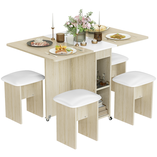 MIERES Folding Dining Table Set for 4, Dinner Table with 4 Leather Chairs and Shelves, Space Saving Foldable Dining Table with 6 Wheels, Kitchen Table Set for Small Spaces