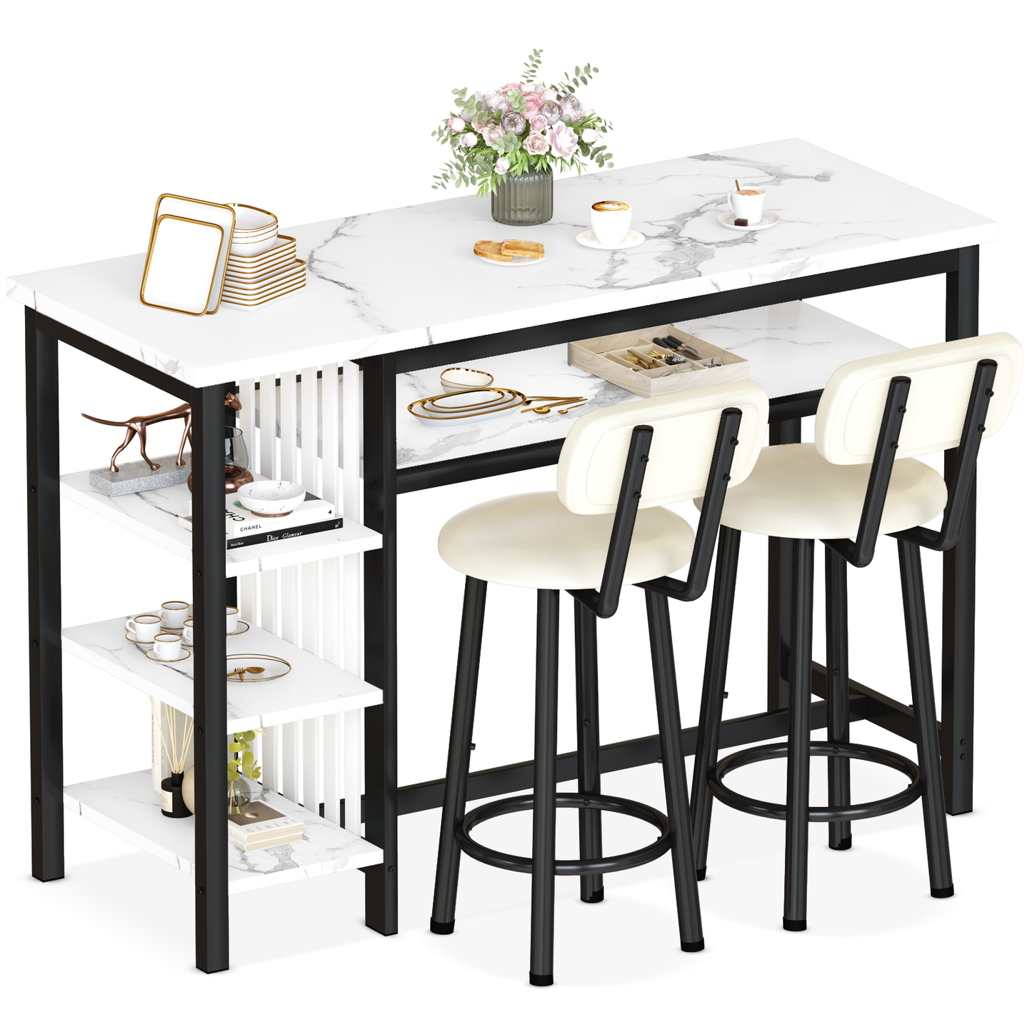 MIERES 3-Piece Bar Table and Chairs Set, Modern White Faux Marble Table with 2 PU Cushion Bar Stools, Kitchen Counter with 3 Tier Storage Shelves, Space Saving Table for Home & Kitchen, Black Frame