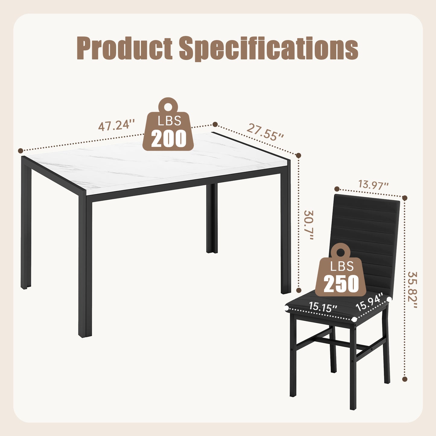 MIERES 4-Piece Dining Table Set for 4 - Faux Marble Kitchen Table with 4 PU Leather Chairs, Metal Frame, Easy Assembly, Small Space Friendly, Modern White & Black Dining Room Set