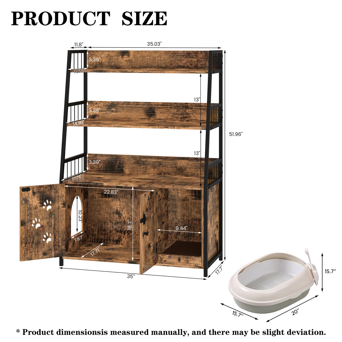 MIERES Large Cat Litter Box Enclosure with Shelf Storage, Hidden Cat Washroom Furniture, Wooden Cat House with Scratch Pad, Sturdy Indoor Cat Cabinet with 2 Doors, Rustic Brown
