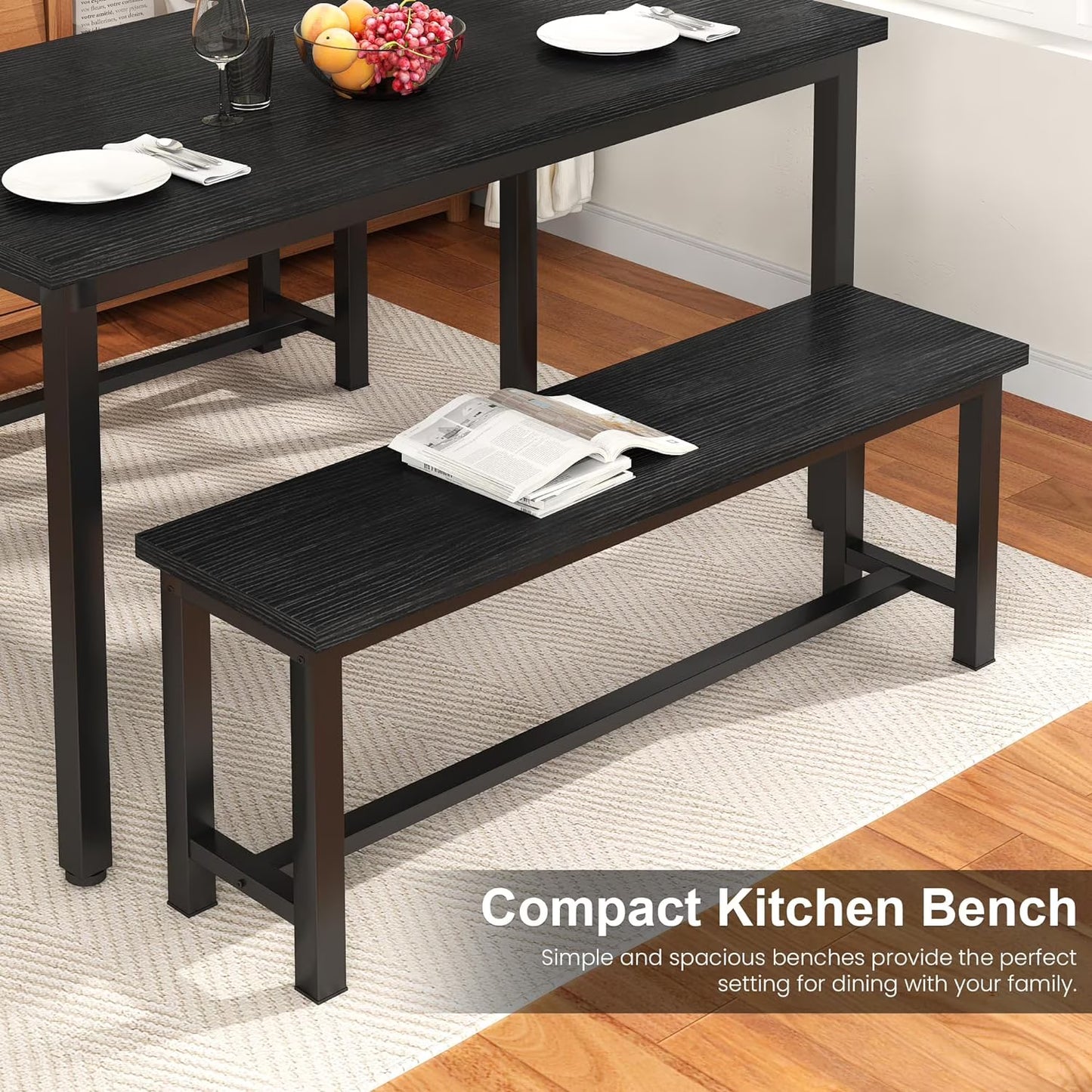 MIERES 2-Piece Dining Table Chair Bench Set, Thickened Steel Frame, Wood Bench, Industrial Style, for Kitchen and Dining Room-Black