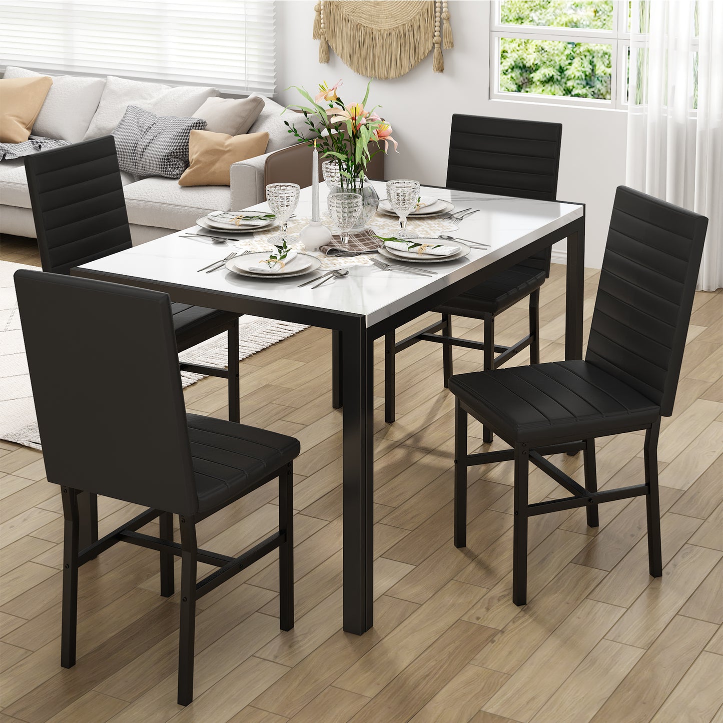 MIERES 4-Piece Dining Table Set for 4 - Faux Marble Kitchen Table with 4 PU Leather Chairs, Metal Frame, Easy Assembly, Small Space Friendly, Modern White & Black Dining Room Set