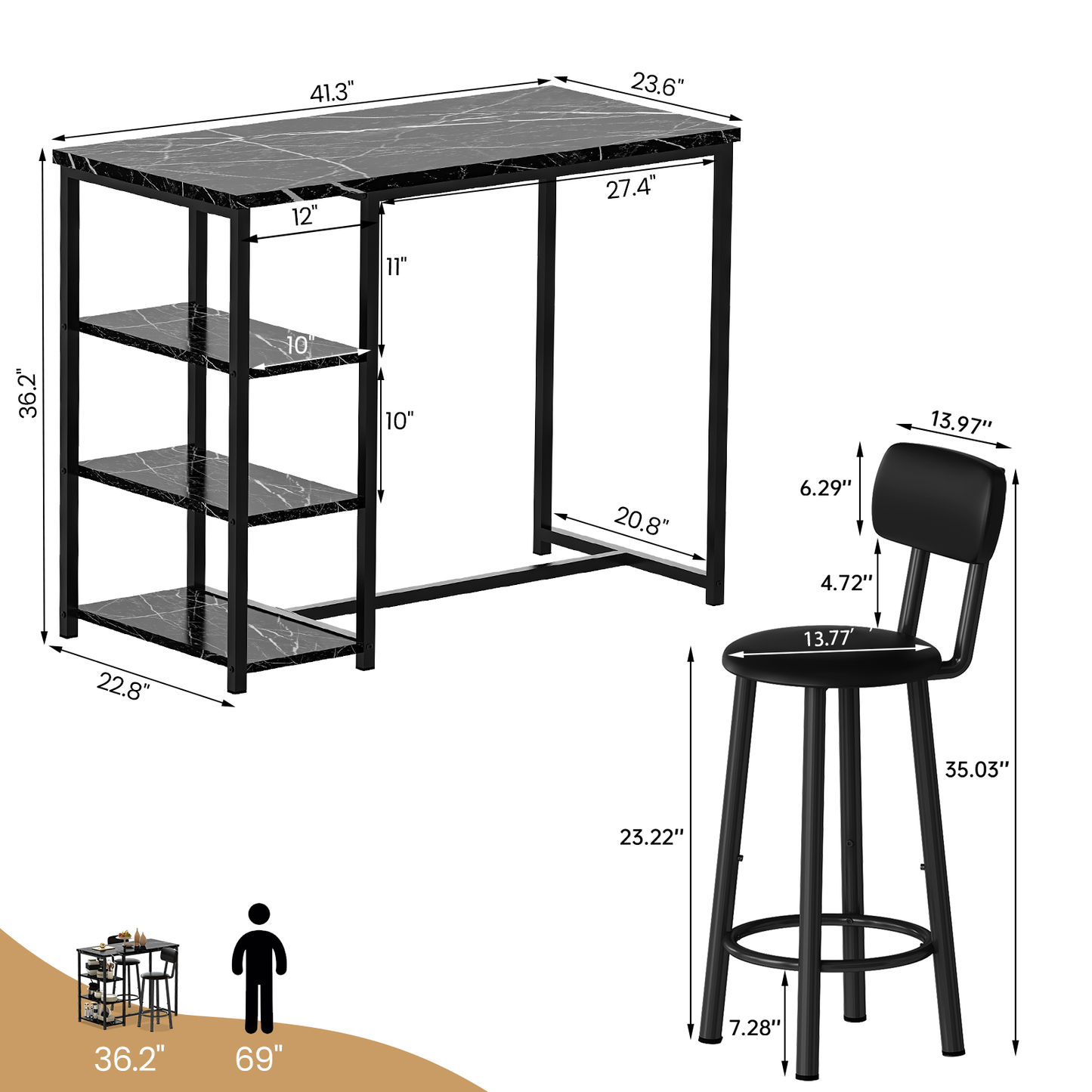 MIERES 2-Person Dining Set, 3-Piece Bar Table and Chair Set, Kitchen Counter-Height Dining Table Set, Compact Kitchen Dining Table with Storage, Small Space Breakfast Set
