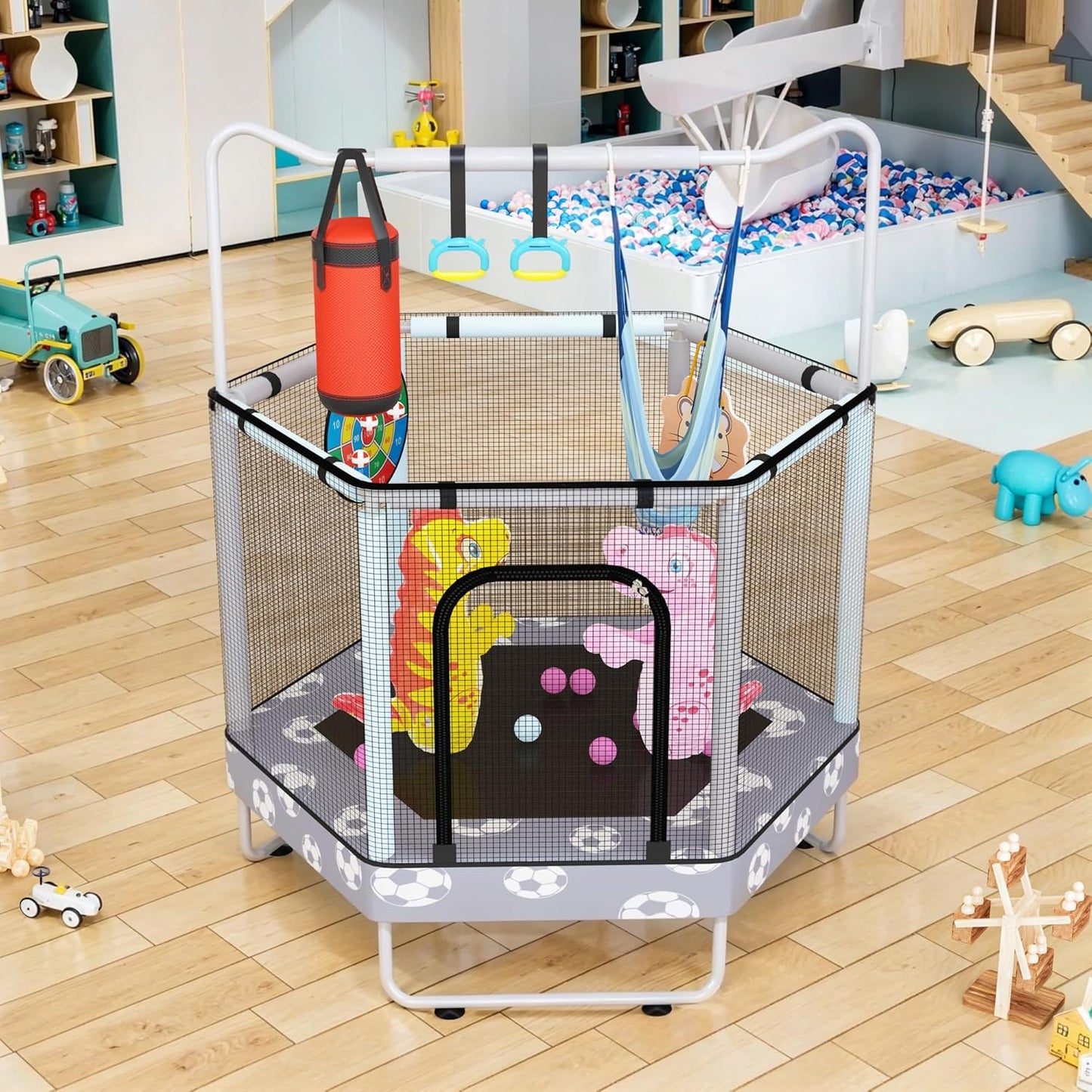 MIERES 55" 7-in-1 Round Trampoline for Kids Boys & Girls Ages 1-8, Indoor & Outdoor Trampoline for Fun, Adjustable Height Handrail ＆ Enclosed Safety Net ＆ Durable Designs for Toddlers Children