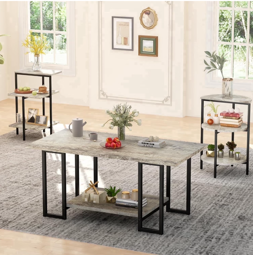 MIERES Rustic Oak Coffee Table Set Includes one coffee table and two side tables