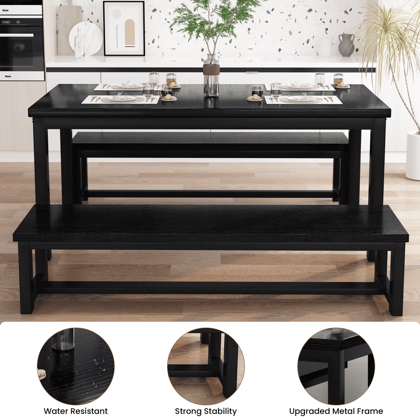 MIERES Kitchen Dining Set: Rectangular solid wood dining table with two benches, suitable for 2 to 4 people, small dining set, black