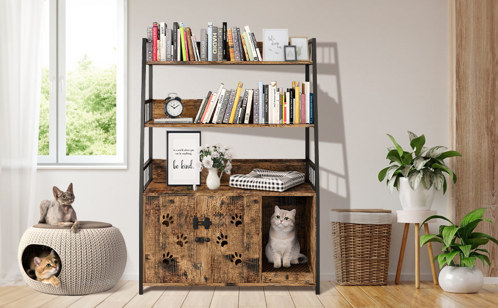 MIERES Large Cat Litter Box Enclosure with Shelf Storage, Hidden Cat Washroom Furniture, Wooden Cat House with Scratch Pad, Sturdy Indoor Cat Cabinet with 2 Doors, Rustic Brown