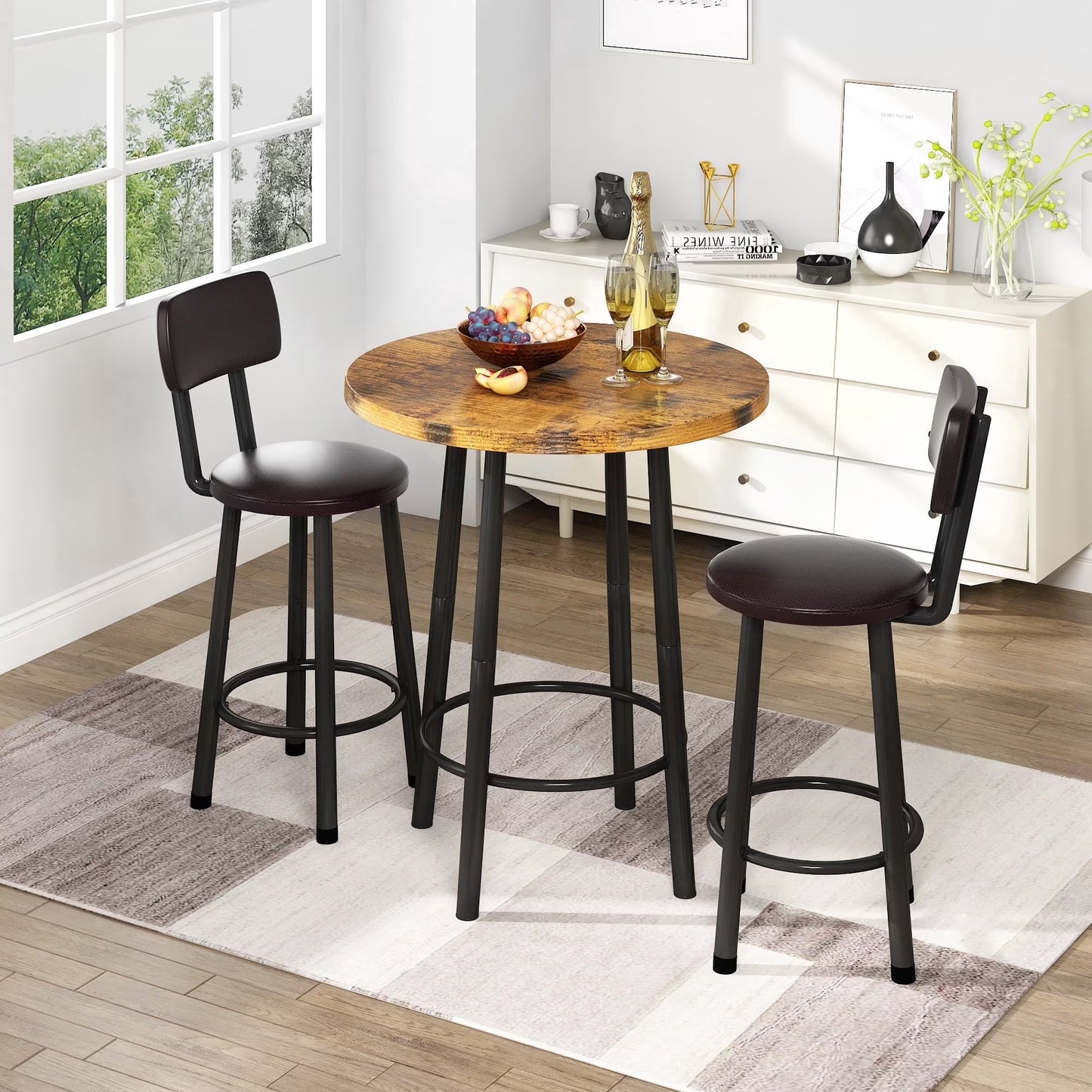 MIERES Square Marble Dining Table Set, 2-Seater Kitchen Dining Set with Two Bar Stools, Compact Dining Table, Brown