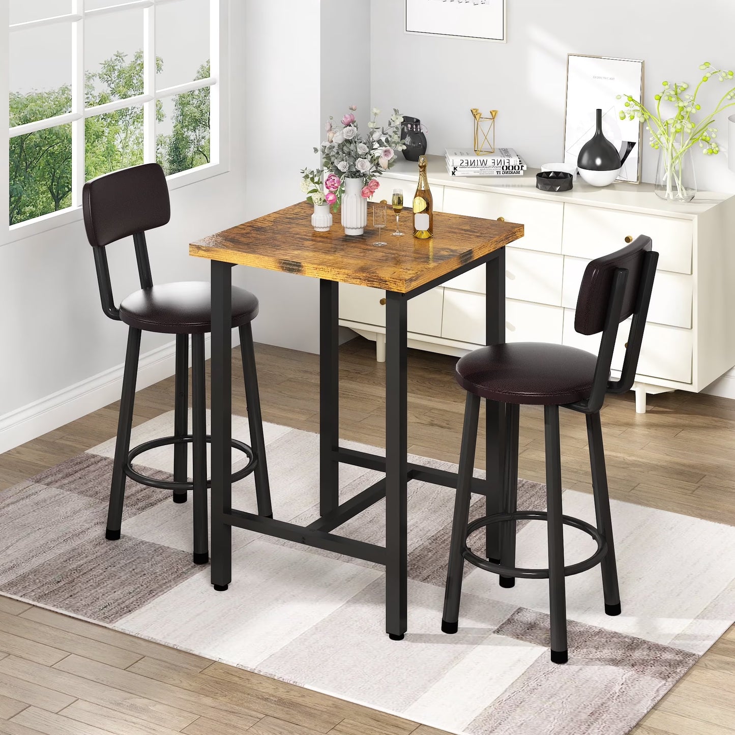 MIERES Square Marble Dining Table Set, 2-Seater Kitchen Dining Set with Two Bar Stools, Compact Dining Table, Brown