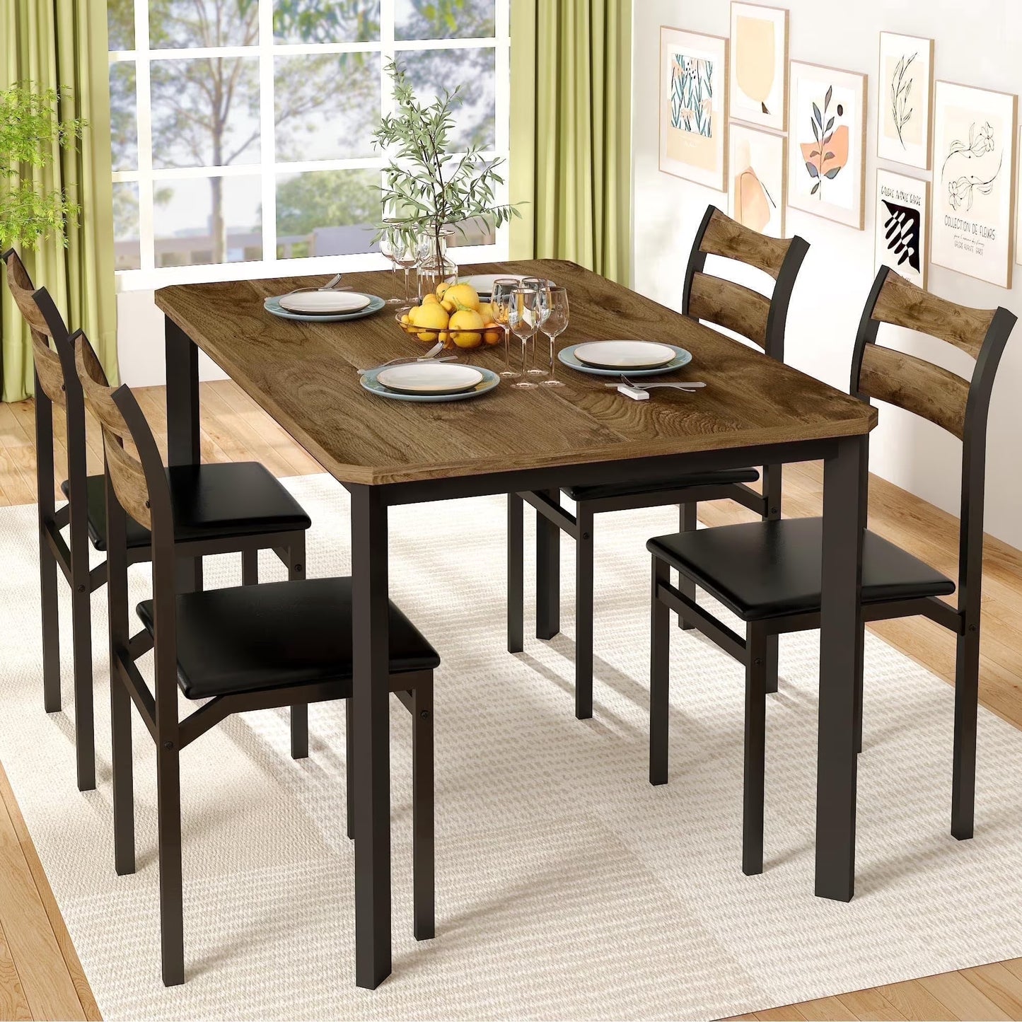 MIERES 5-Piece 4-Person Dining Set, Gray-White Wood-Grain Kitchen Dining Set with PU Leather Upholstered Chairs, Modern Wooden Kitchen Dining Set - Gray