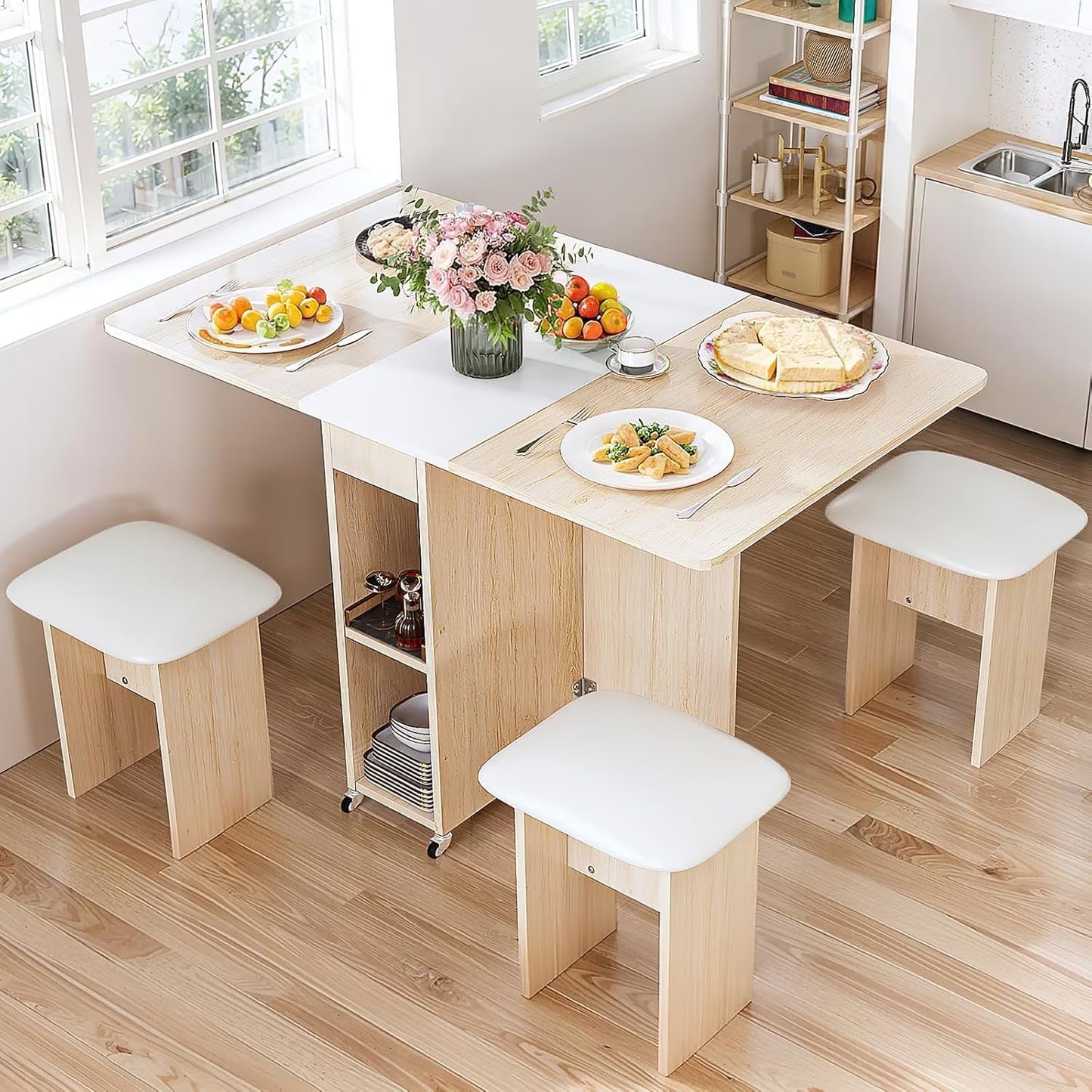 MIERES Folding Dining Table Set for 4, Dinner Table with 4 Leather Chairs and Shelves, Space Saving Foldable Dining Table with 6 Wheels, Kitchen Table Set for Small Spaces