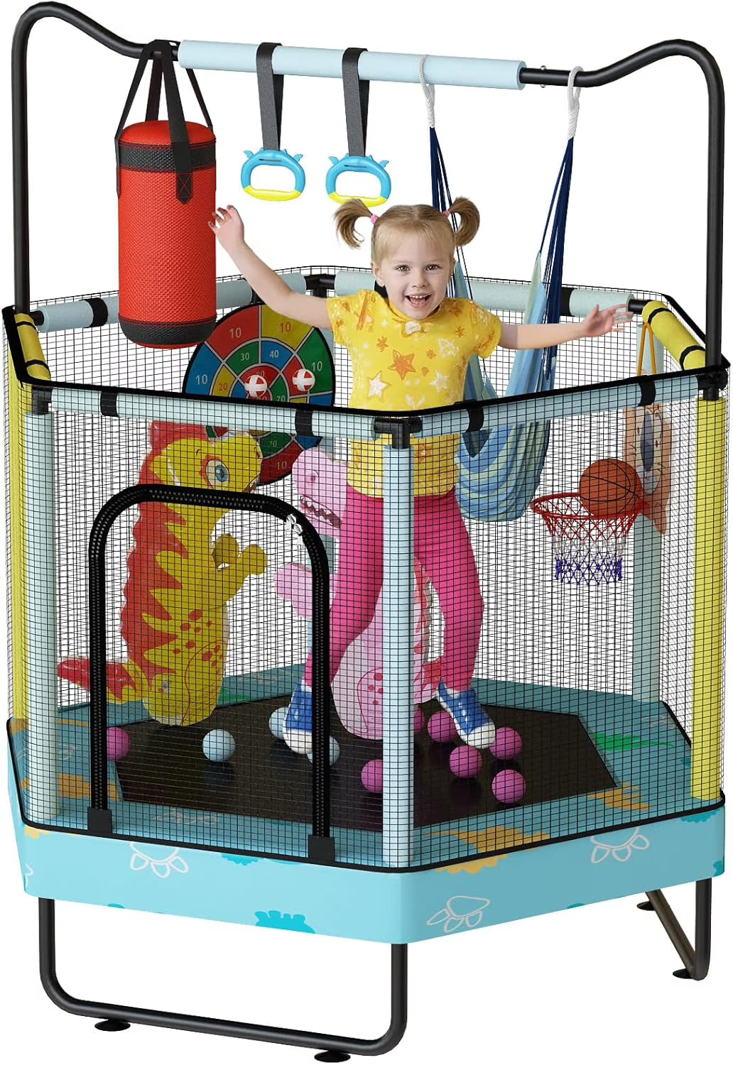 MIERES 55" 7-in-1 Round Trampoline for Kids Boys & Girls Ages 1-8, Indoor & Outdoor Trampoline for Fun, Adjustable Height Handrail ＆ Enclosed Safety Net ＆ Durable Designs for Toddlers Children