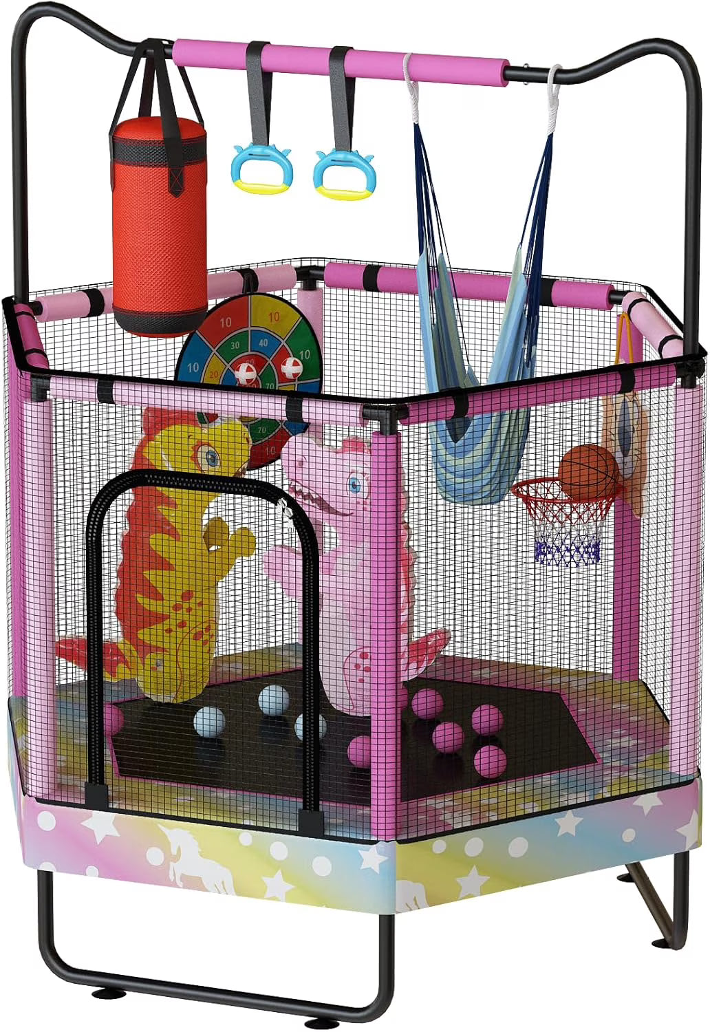 MIERES 55" 7-in-1 Round Trampoline for Kids Boys & Girls Ages 1-8, Indoor & Outdoor Trampoline for Fun, Adjustable Height Handrail ＆ Enclosed Safety Net ＆ Durable Designs for Toddlers Children