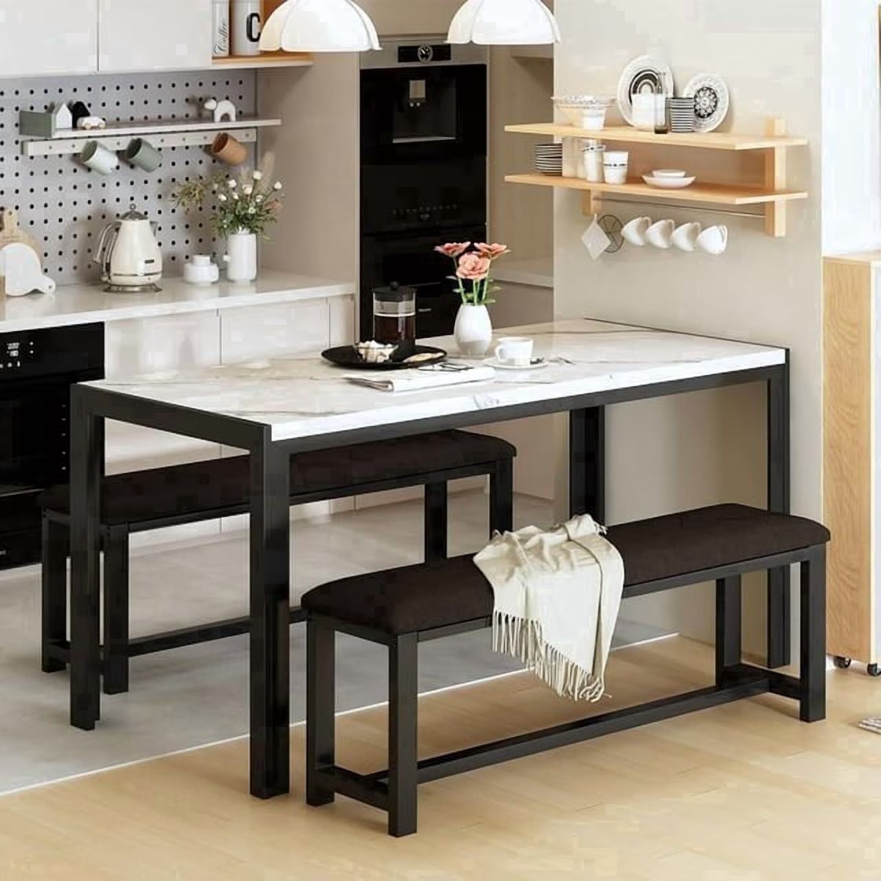 MIERES Kitchen Dining Set: Rectangular solid wood dining table with two benches, suitable for 2 to 4 people, small dining set, black