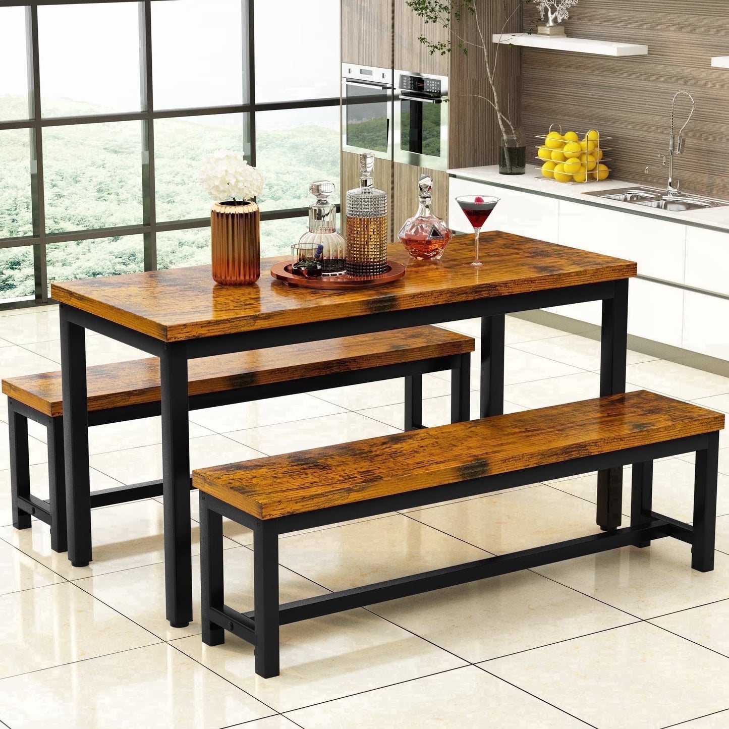 MIERES Kitchen Dining Set: Rectangular solid wood dining table with two benches, suitable for 2 to 4 people, small dining set, black