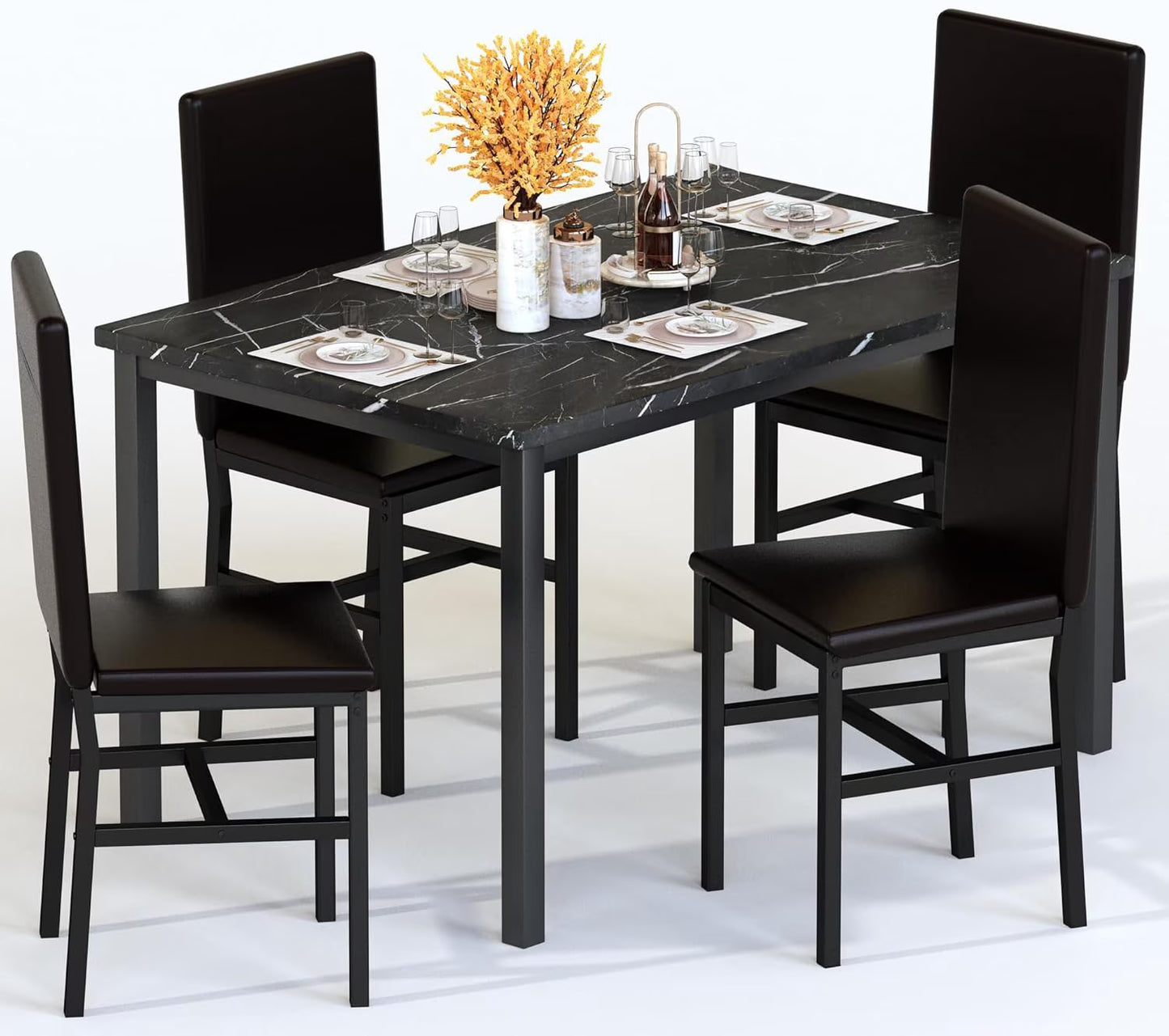 MIERES 5 Piece Dining Table Set for 4,Faux Marble Kitchen Table and Chairs for 4, Modern Dining Room Table with 4 Chairs,Dinner Table Set for Small Spaces, Brown