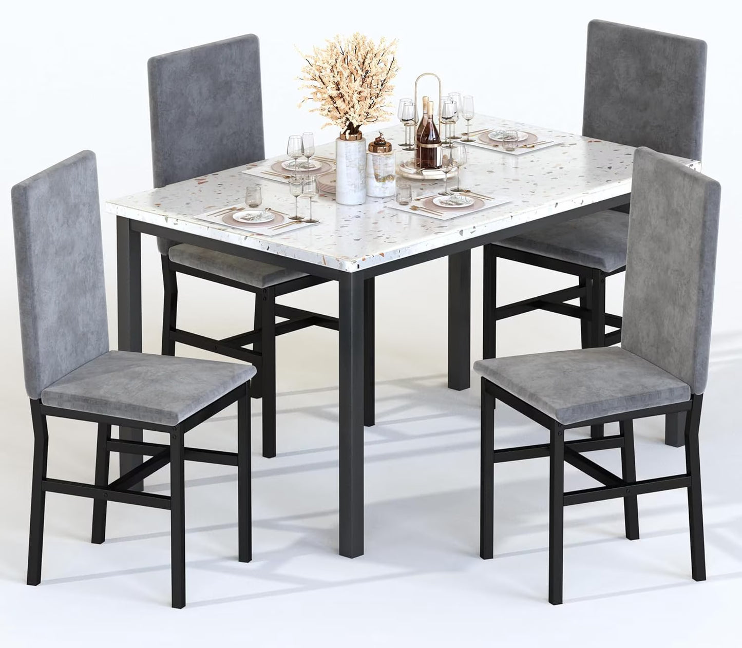 MIERES 5 Piece Dining Table Set for 4,Faux Marble Kitchen Table and Chairs for 4, Modern Dining Room Table with 4 Chairs,Dinner Table Set for Small Spaces, Brown