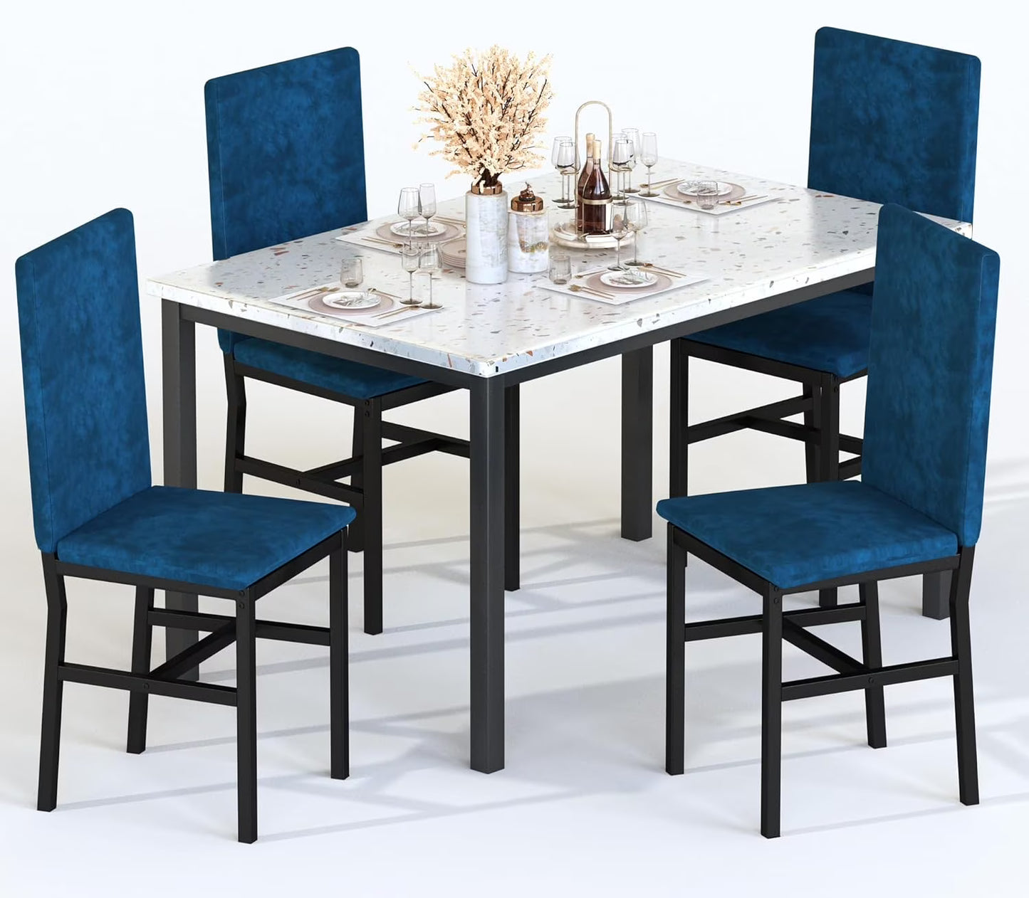 MIERES 5 Piece Dining Table Set for 4,Faux Marble Kitchen Table and Chairs for 4, Modern Dining Room Table with 4 Chairs,Dinner Table Set for Small Spaces, Brown
