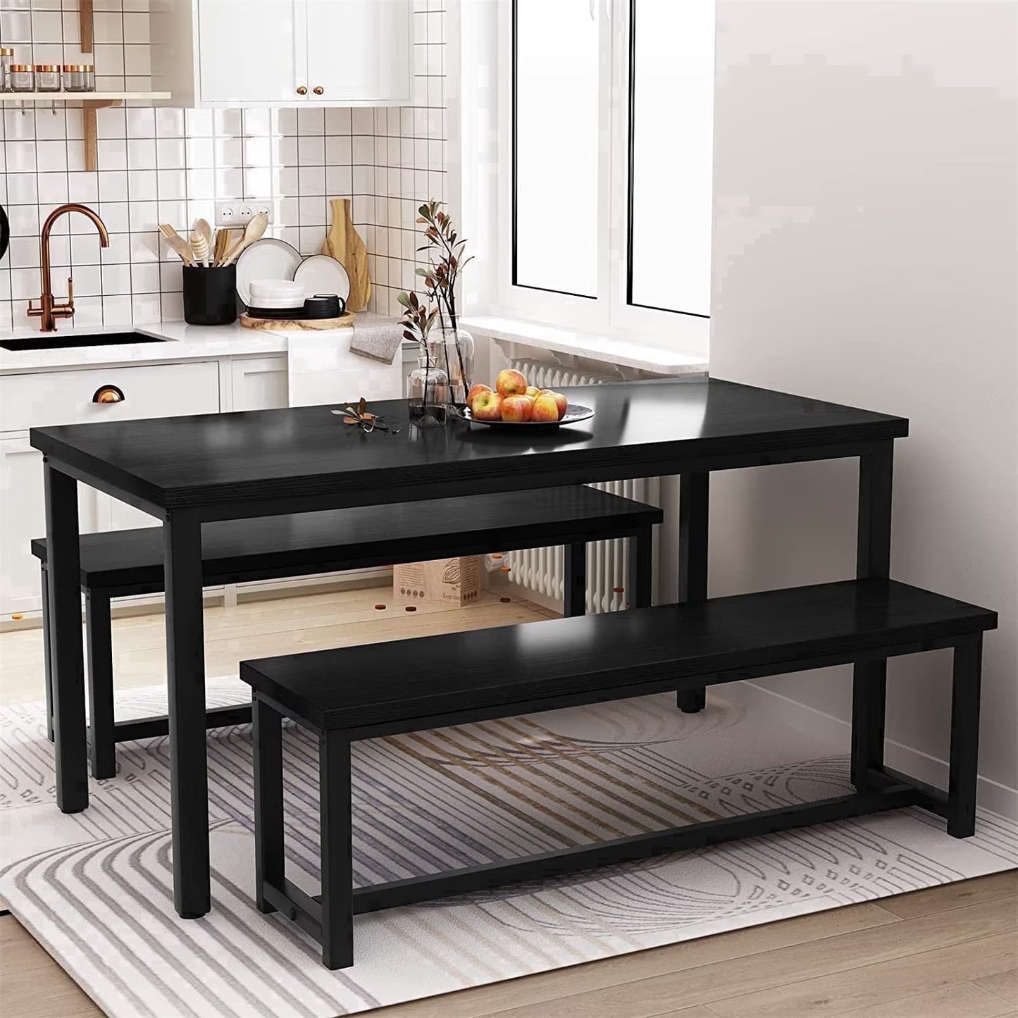 MIERES Kitchen Dining Set: Rectangular solid wood dining table with two benches, suitable for 2 to 4 people, small dining set, black