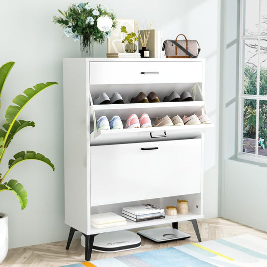 MIERES Shoe Storage Cabinet for Entryway, Free Standing Shoe Organizer with 2 Flip Drawers，Hidden Shoe Rack Storage Organizer for Doorway Hallway Closet, White