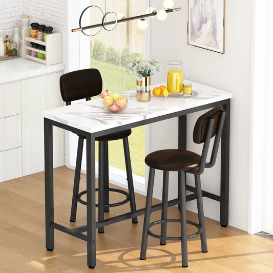 MIERES Square Marble Dining Table Set, 2-Seater Kitchen Dining Set with Two Bar Stools, Compact Dining Table, Brown