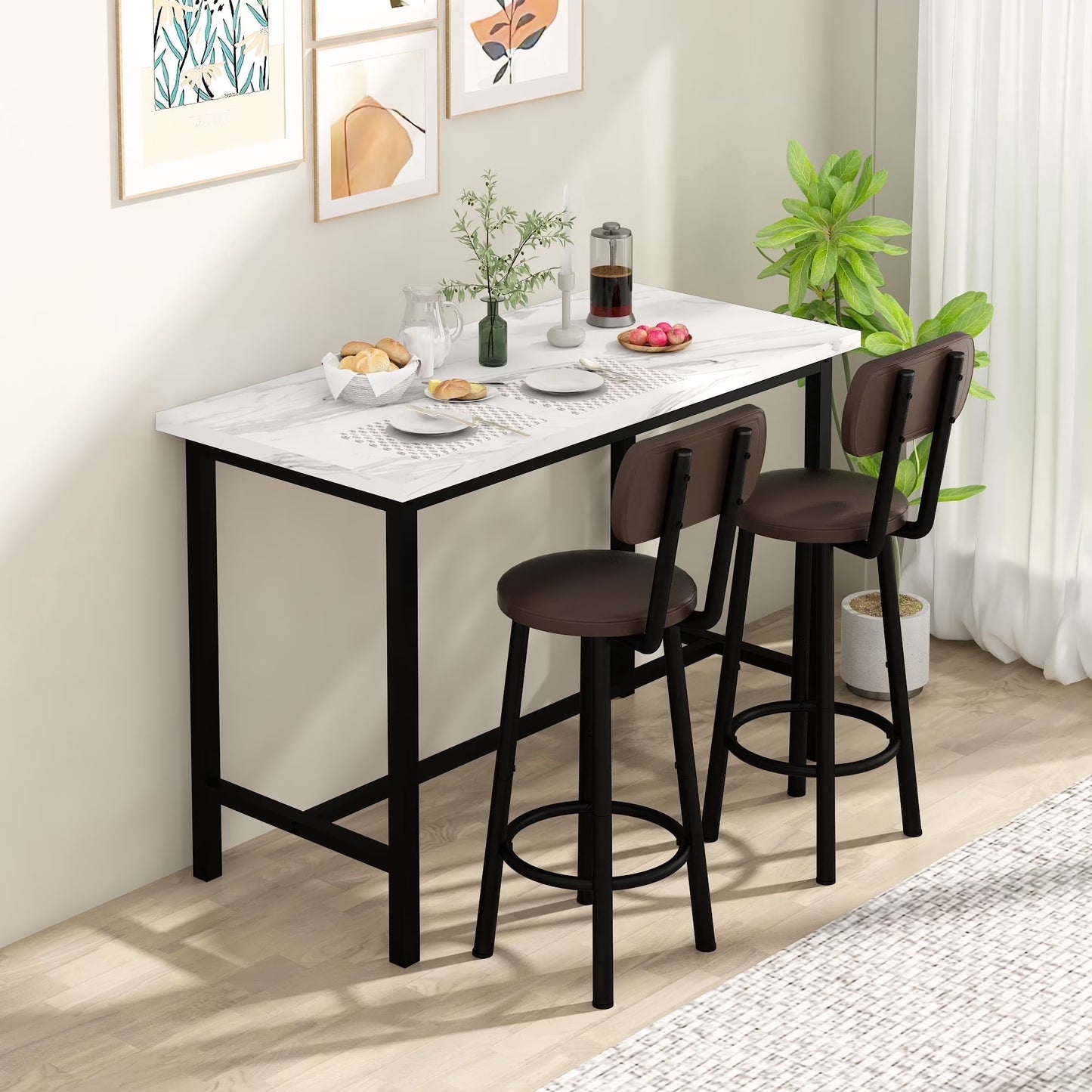MIERES Square Marble Dining Table Set, 2-Seater Kitchen Dining Set with Two Bar Stools, Compact Dining Table, Brown