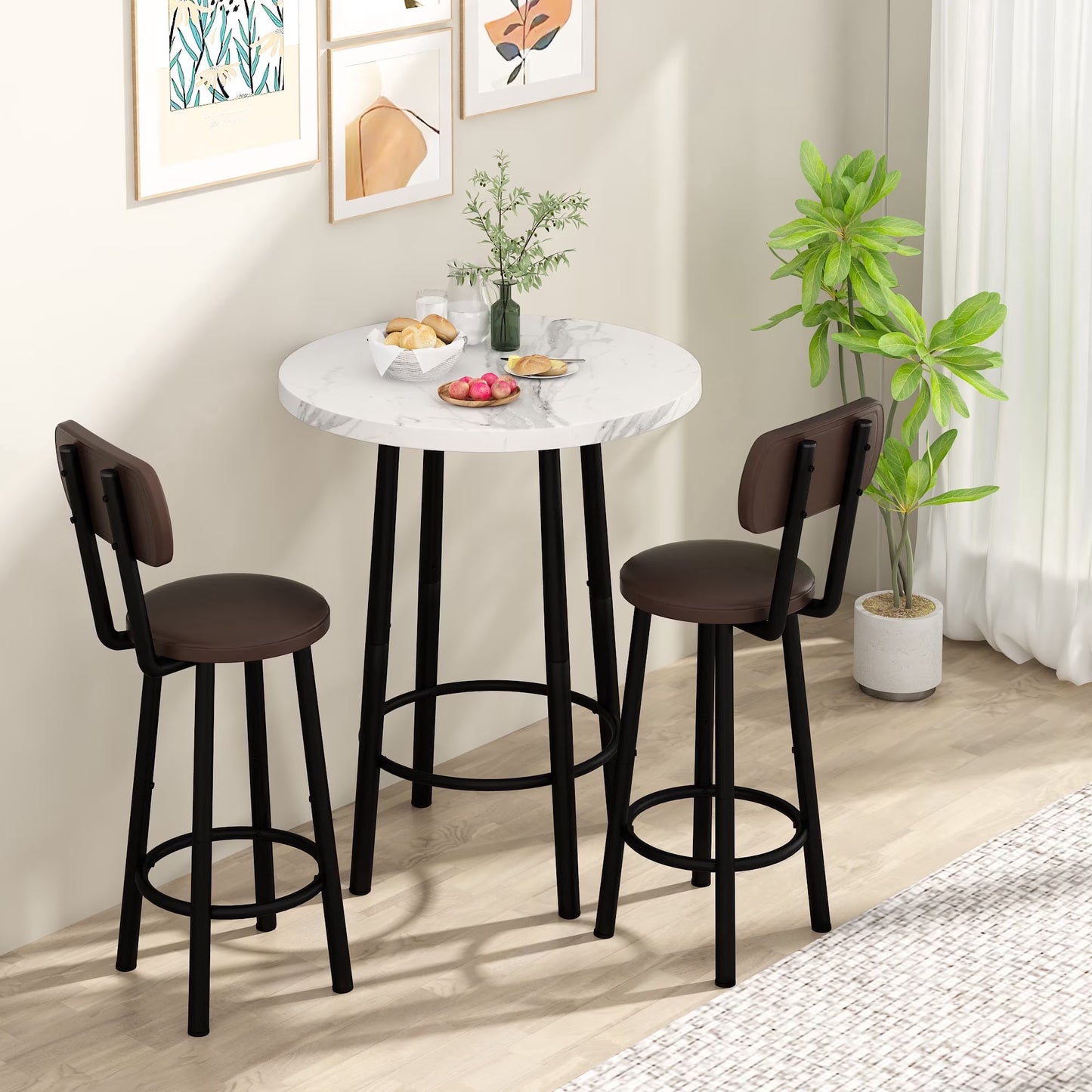 MIERES Square Marble Dining Table Set, 2-Seater Kitchen Dining Set with Two Bar Stools, Compact Dining Table, Brown