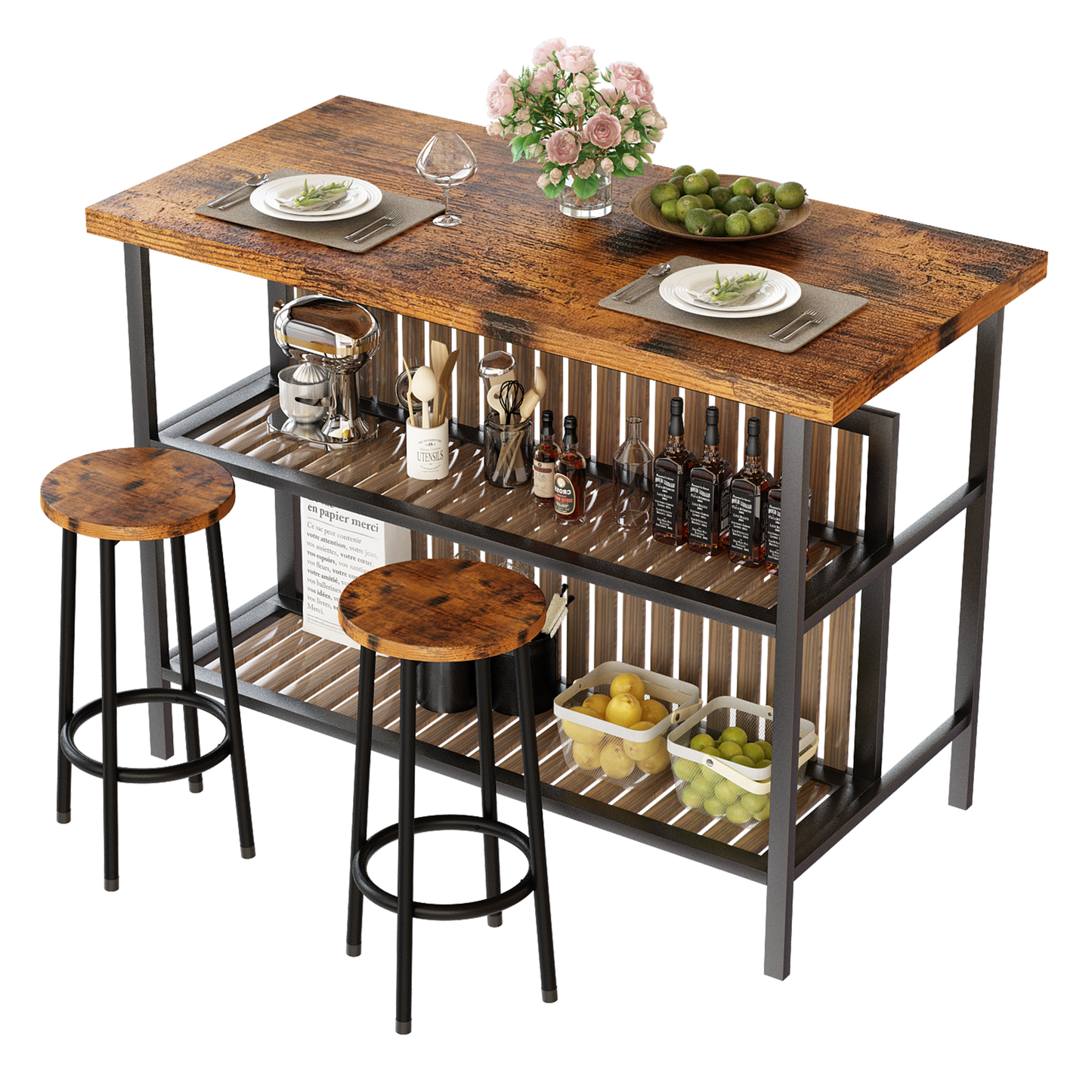 MIERES 48in Dining Table for 4-6, Dining Leisure Table with Storage Shelves, 1.8" Thick Top, Scratch-Resistant, Natural Wood Finish, Multi-Use for Dining Room Kitchen Office, Wood Finish