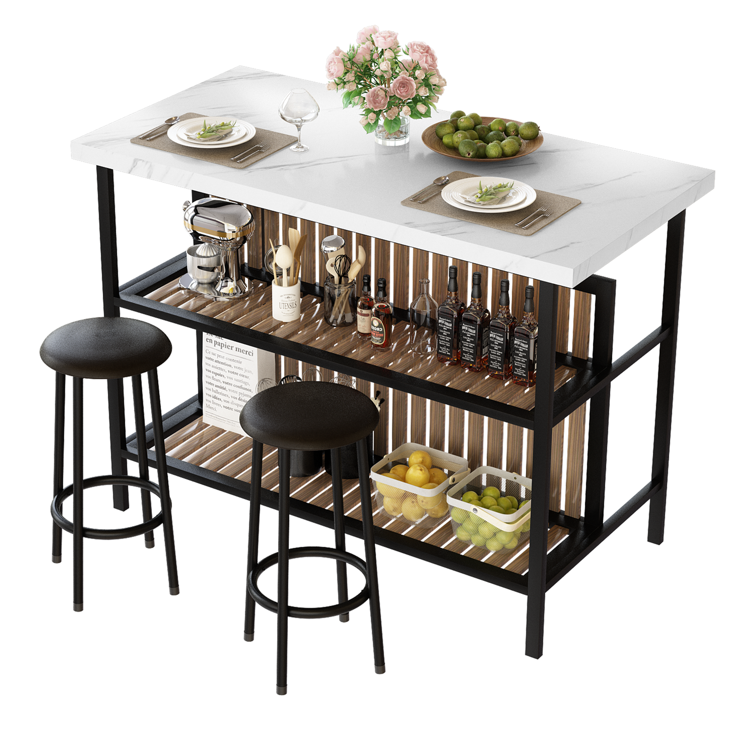 MIERES 48in Dining Table for 4-6, Dining Leisure Table with Storage Shelves, 1.8" Thick Top, Scratch-Resistant, Natural Wood Finish, Multi-Use for Dining Room Kitchen Office, Wood Finish