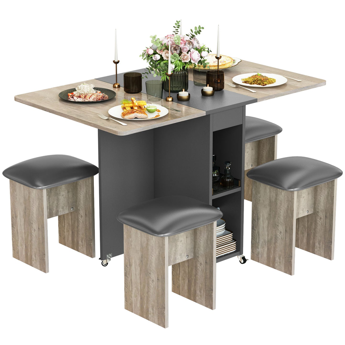 MIERES Folding Dining Table Set for 4, Dinner Table with 4 Leather Chairs and Shelves, Space Saving Foldable Dining Table with 6 Wheels, Kitchen Table Set for Small Spaces