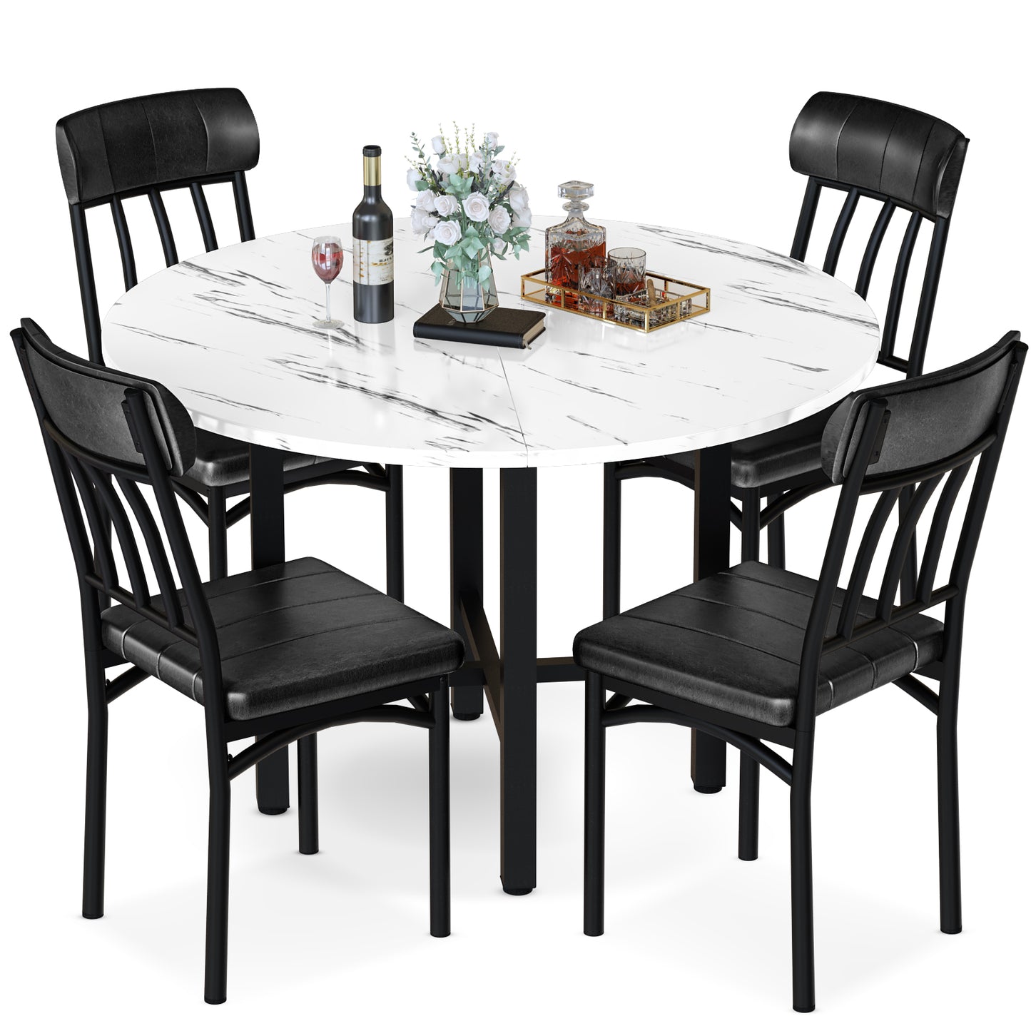MIERES Round Dining Table Set for 4,Round Kitchen Table and Chairs Set for 4,Modern Dining Room Table Set with 4 Faux Leather Chairs,Round Dinner Table for Small Space,Walnut
