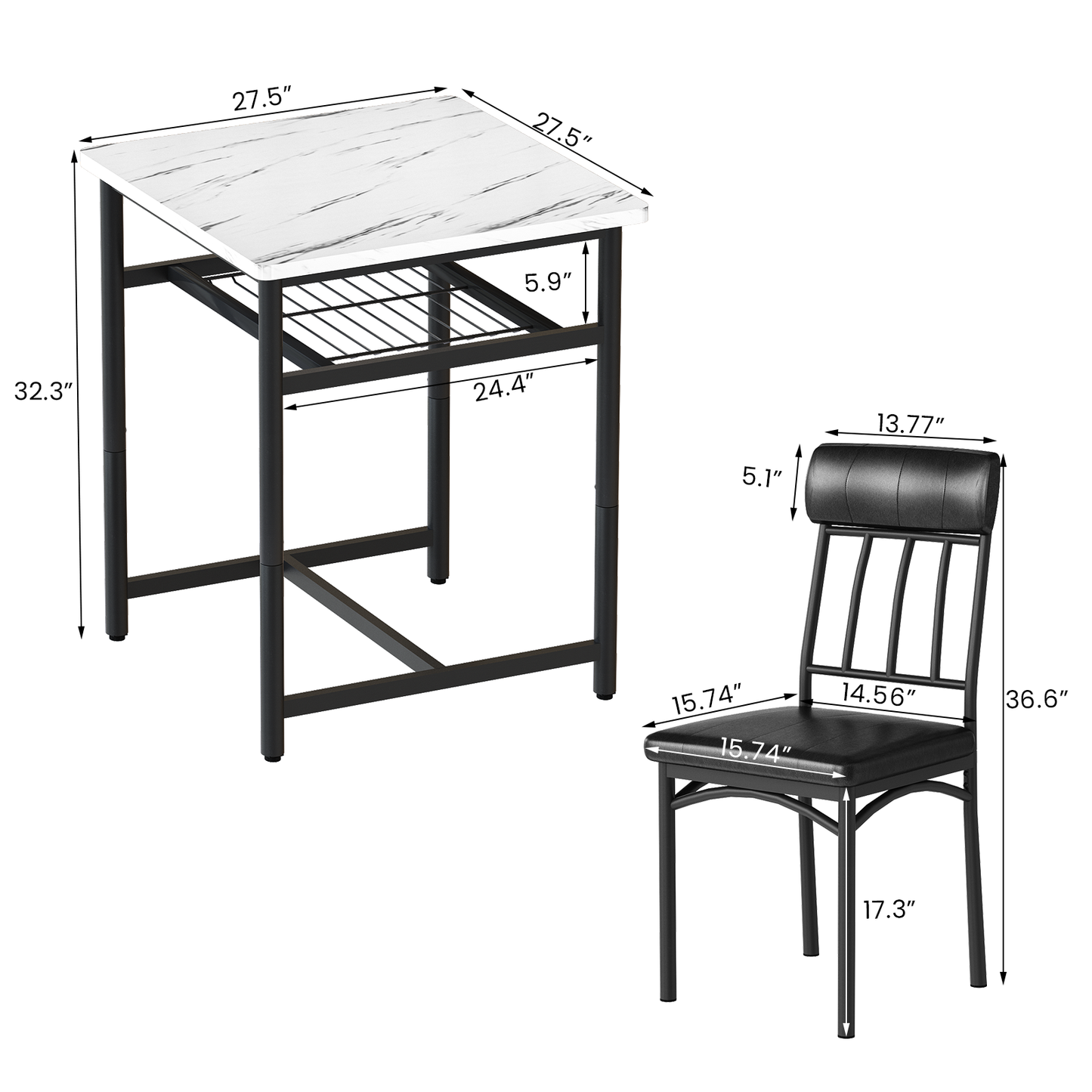 MIERES Square Dining Table Set for 2,Compact Bistro Table with Upholstered Chairs, Space Saving Kitchen Breakfast Nook, Built-in Storage Rack 3-Piece Modern Dining Set for Kitchen&Dining