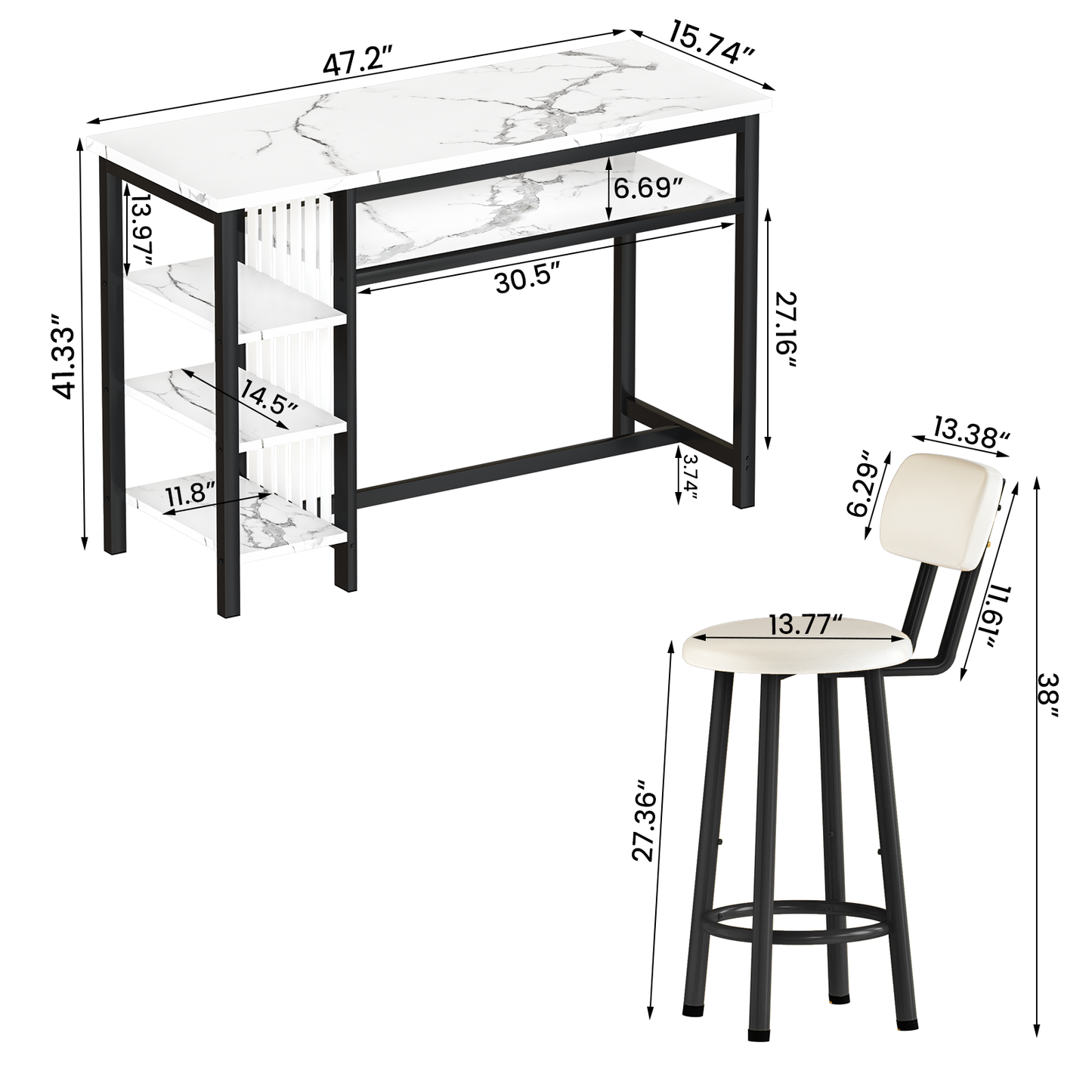 MIERES 3-Piece Bar Table and Chairs Set, Modern White Faux Marble Table with 2 PU Cushion Bar Stools, Kitchen Counter with 3 Tier Storage Shelves, Space Saving Table for Home & Kitchen, Black Frame