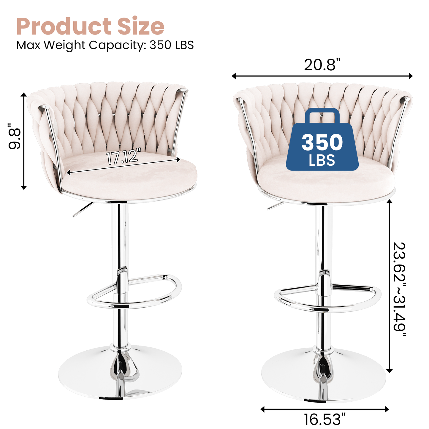 Mieres Velvet Bar Stools Set of 2/4, Adjustable Height Swivel Pub Chairs with Woven Back, Counter Height Dining Chairs with Footrest, 360° Rotating Kitchen Island Stools for Home & Bar