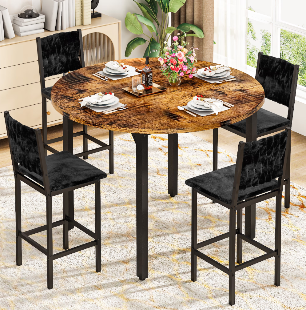 MIERES Round Dining Table Set, Modern Farmhouse 4-Piece Kitchen Table with Upholstered Chairs