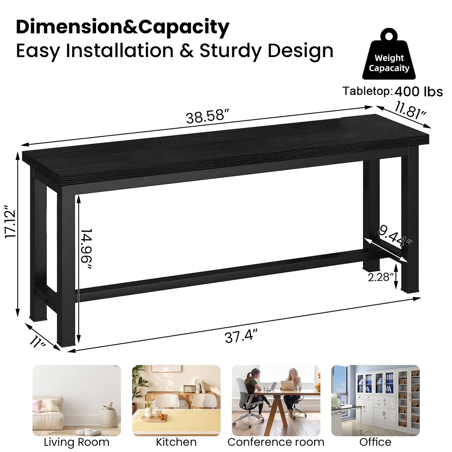 MIERES 2-Piece Dining Table Chair Bench Set, Thickened Steel Frame, Wood Bench, Industrial Style, for Kitchen and Dining Room-Black