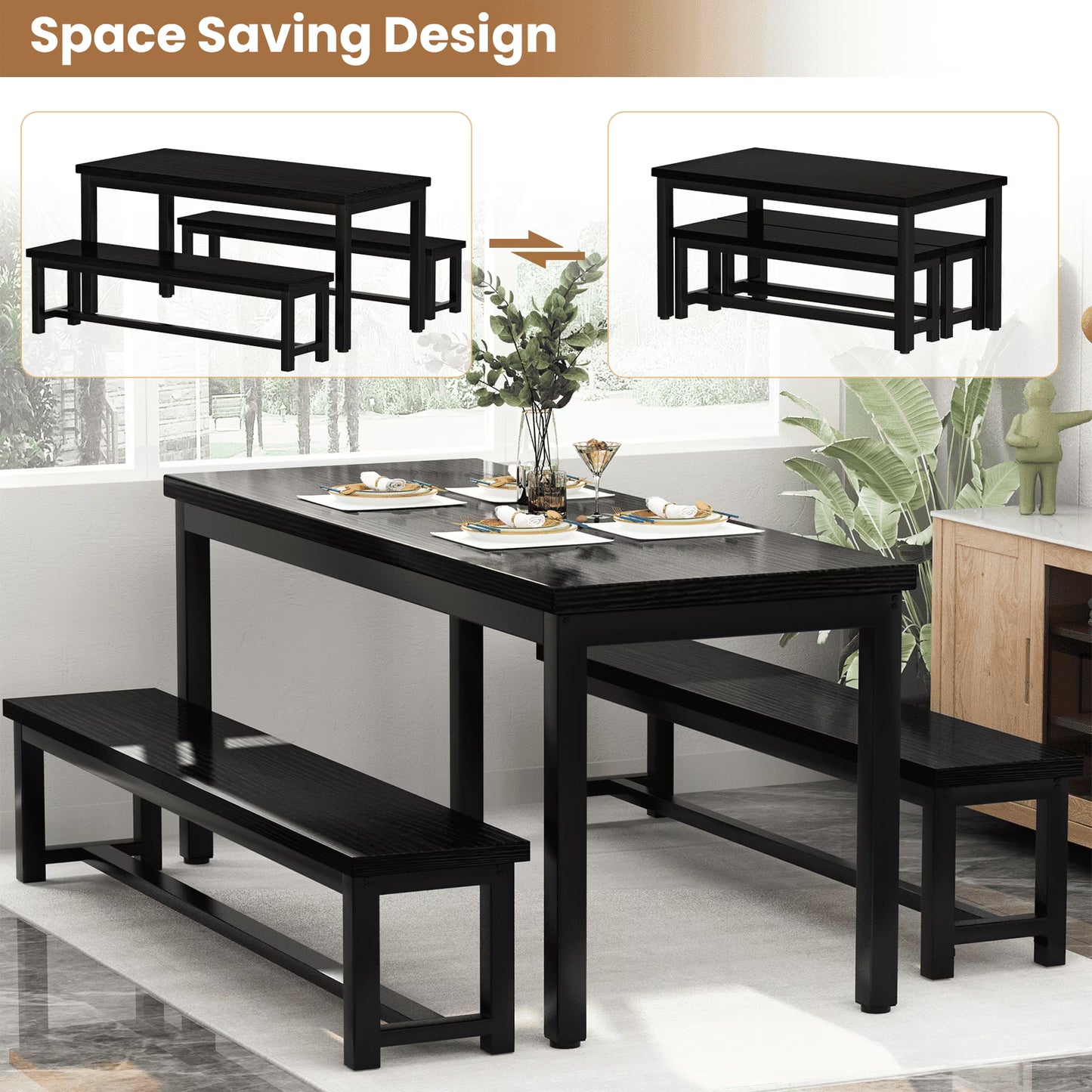 MIERES Kitchen Dining Set: Rectangular solid wood dining table with two benches, suitable for 2 to 4 people, small dining set, black