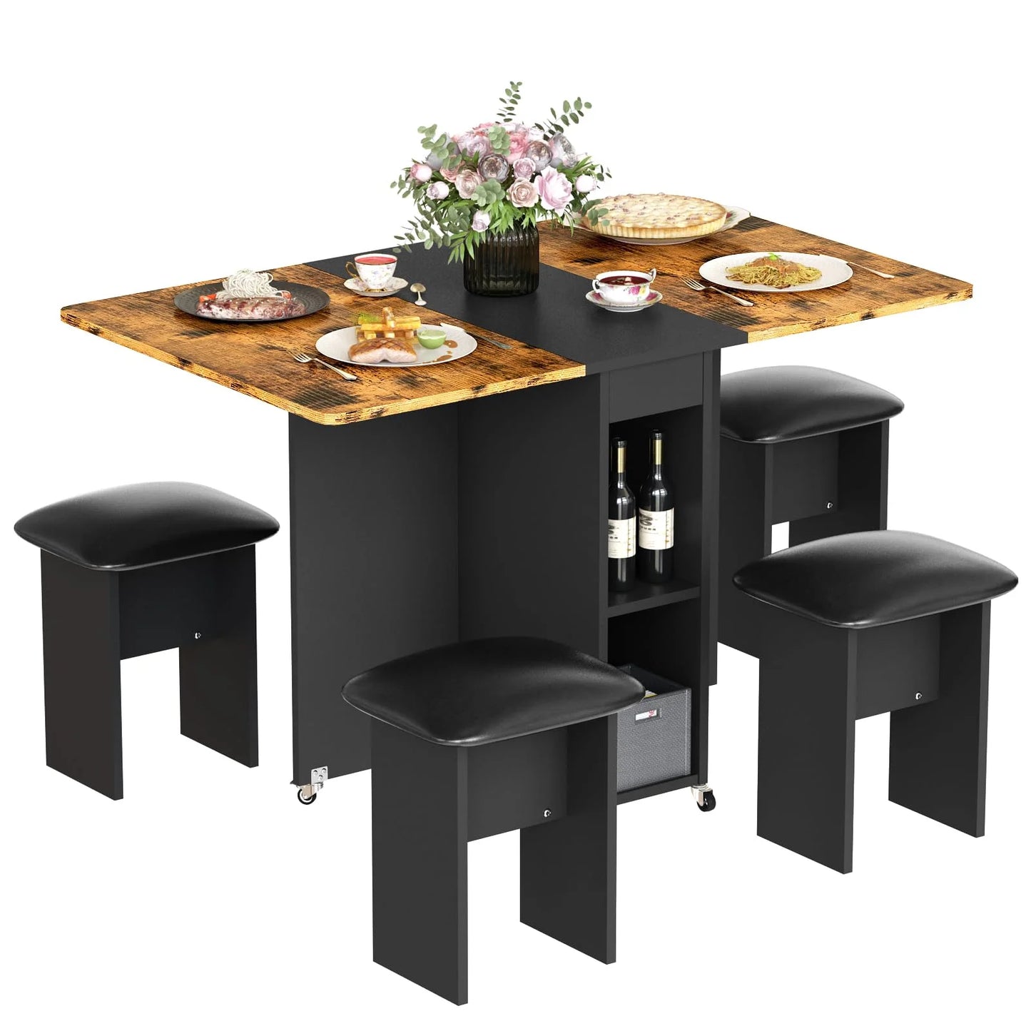 MIERES Folding Dining Table Set for 4, Dinner Table with 4 Leather Chairs and Shelves, Space Saving Foldable Dining Table with 6 Wheels, Kitchen Table Set for Small Spaces